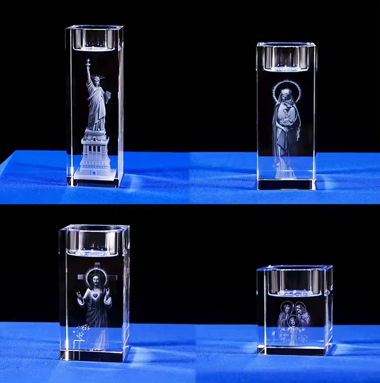 Manfactory Wholesale Custom Logo Size K9 Square 3D Lase Engraving Photo Printing Crystal Candlestick Glass Square Candle Holder