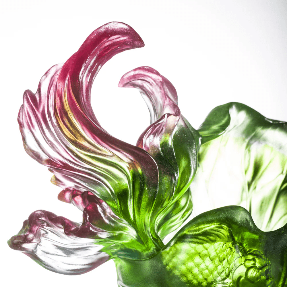 LIULI Crystal Fish and Lotus Leaves, Precious Harmony (Green/Red)