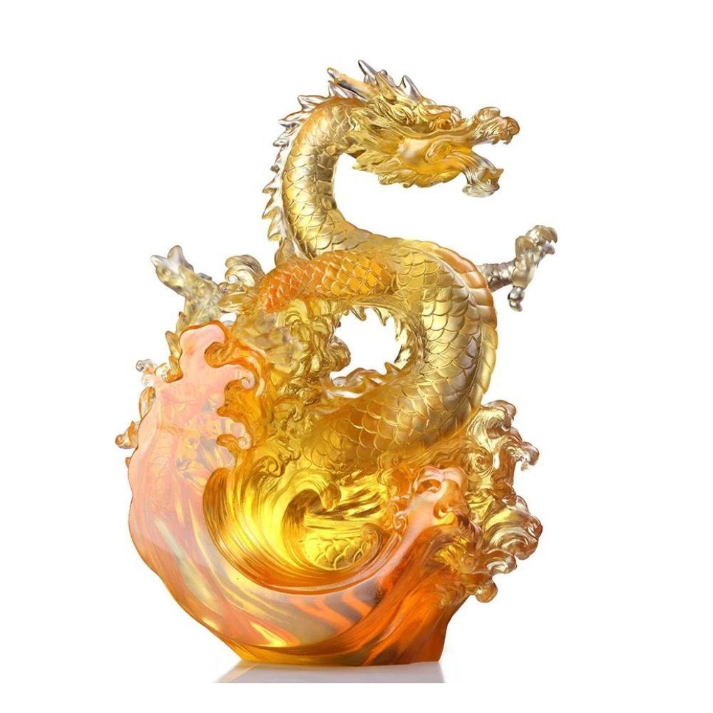 LIULI Crystal Art, Dragon, Ocean Wave, Dragon of Excellence (Gold)