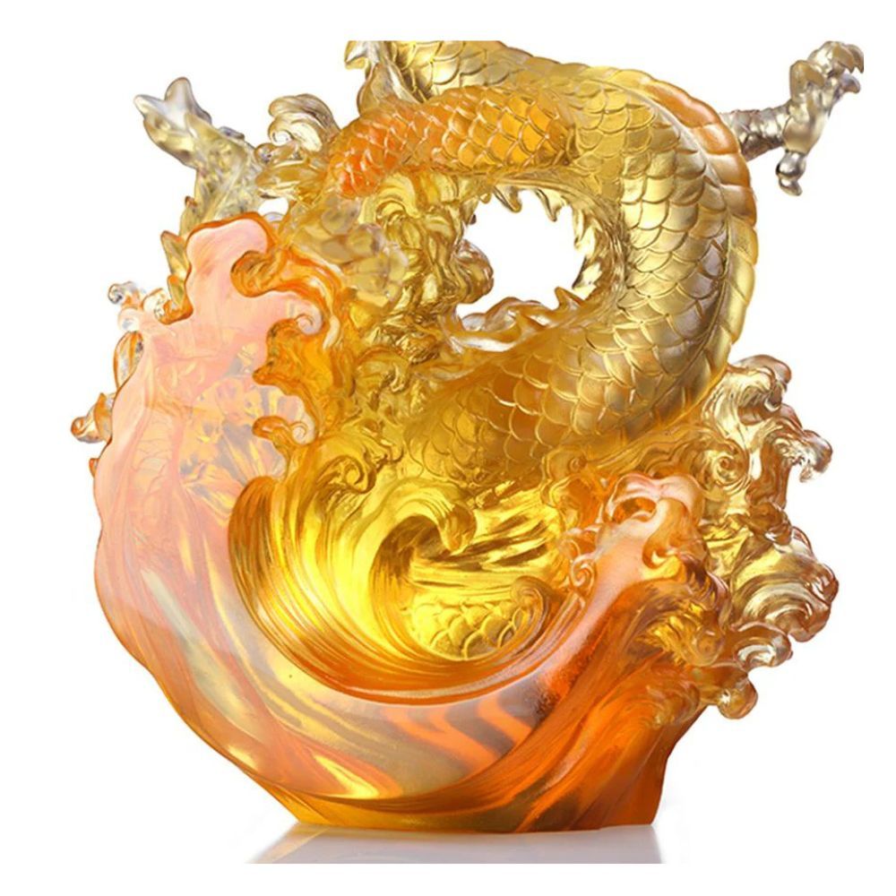 LIULI Crystal Art, Dragon, Ocean Wave, Dragon of Excellence (Gold)
