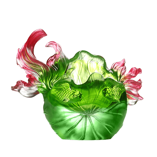 LIULI Crystal Fish and Lotus Leaves, Precious Harmony (Green/Red)