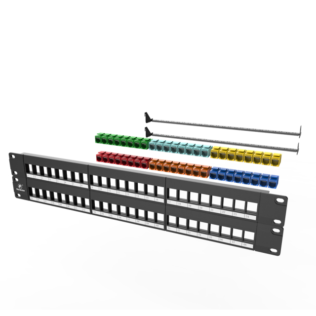 Painéis de patch de rede modulares coloridos Cat5e 48 portas 2 barra de gerenciamento de cabos de montagem em rack incluída