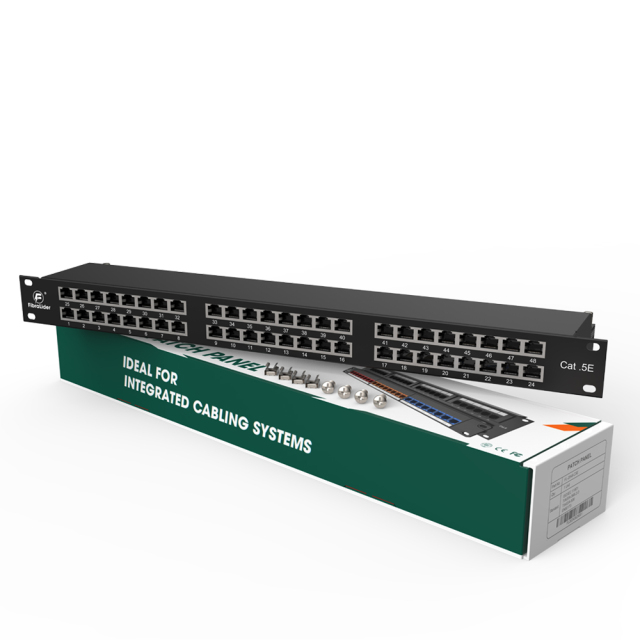 Panel de conexión de cobre FTP blindado CAT5e de 48 puertos 2RU 19″ carcasa metálica