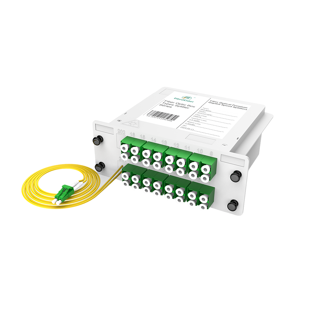 Divisor PLC de caixas de fibra óptica, 1x32 com cabo de conexão LC/APC, monomodo G657A, divisor de fibra de pacote de módulo de inserção de plástico 1:32