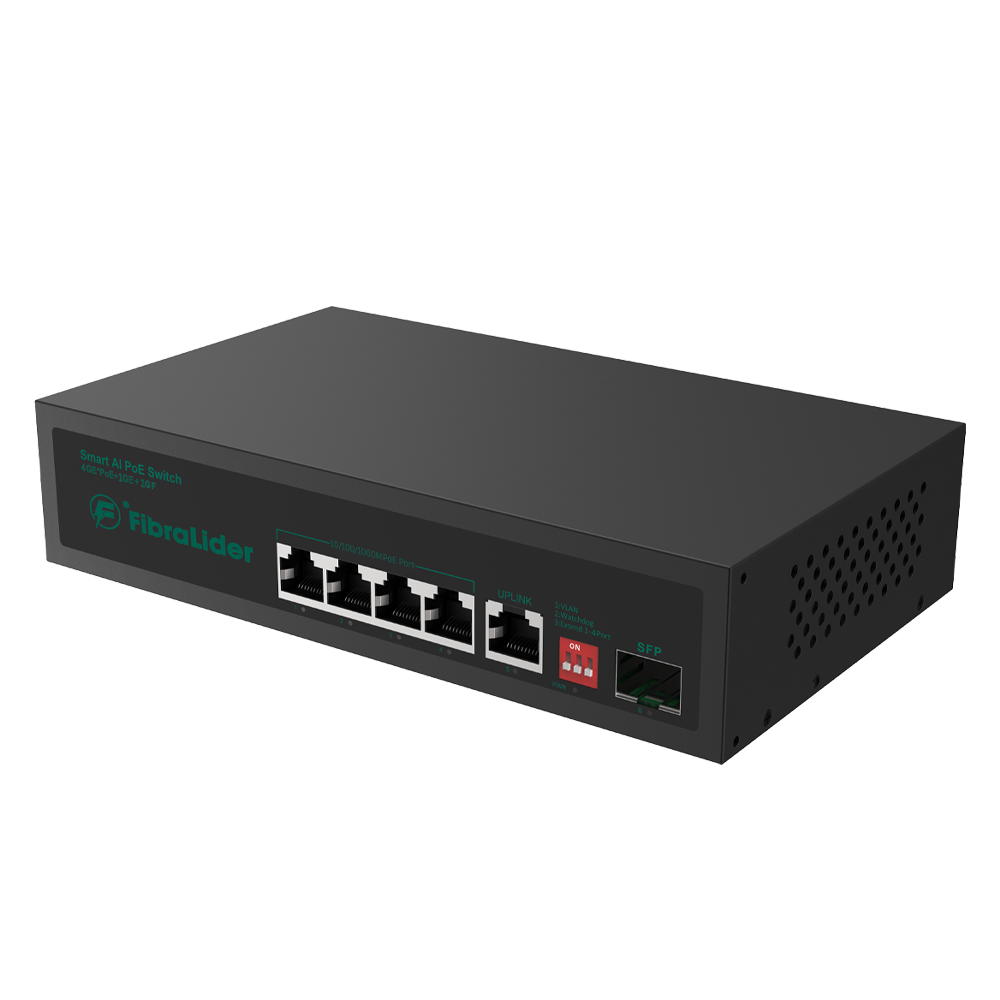 Switch PoE 10/100/1000Mbps con 4 Puertos PoE Gigabit, 1 Puerto PoE de Uplink y 1 Puerto SFP