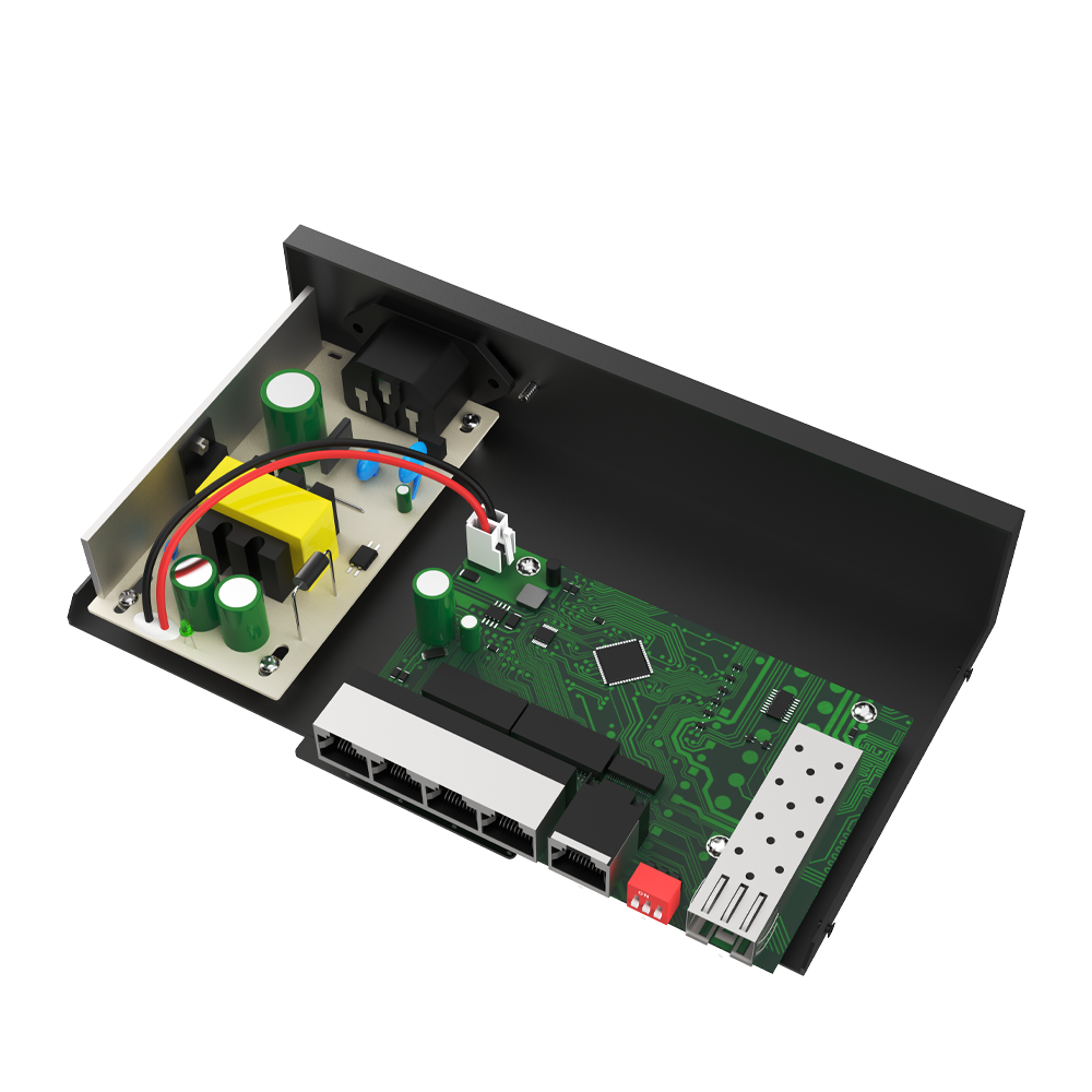 Switch PoE 10/100/1000Mbps con 4 Puertos PoE Gigabit, 1 Puerto PoE de Uplink y 1 Puerto SFP