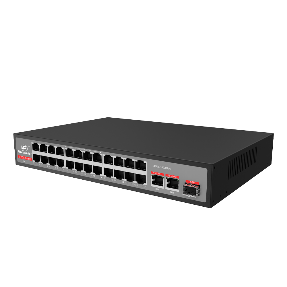 Switch PoE No Gestionado de 24 Puertos 100M + 2 Puertos Gigabit Uplink + 1 Puerto SFP (10/100/1000Mbps)