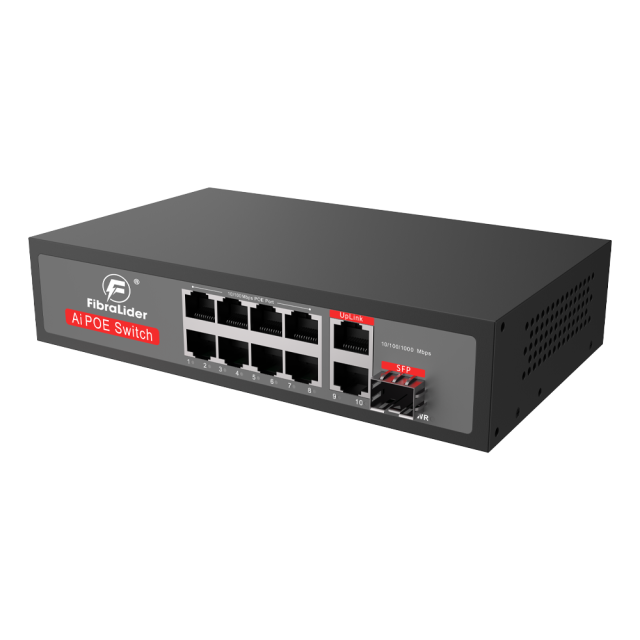 Switch PoE de 8 Portas 10/100/1000Mbps com 8 Portas PoE de 100M + 2 Portas Uplink Gigabit + 1 Porta SFP (Não Gerenciado)