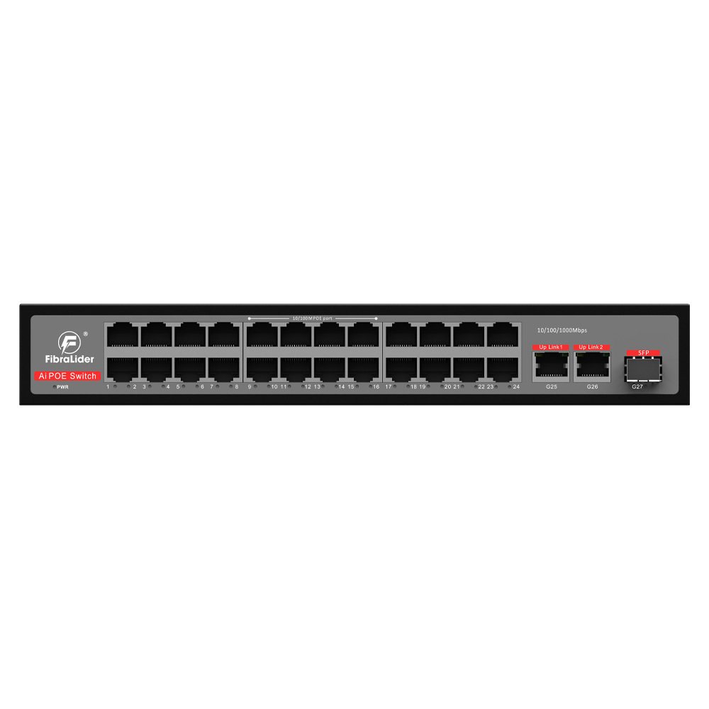 Switch PoE No Gestionado de 24 Puertos 100M + 2 Puertos Gigabit Uplink + 1 Puerto SFP (10/100/1000Mbps)
