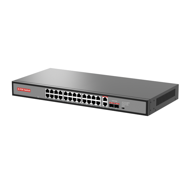 10/100/1000Mbps 24口千兆PoE交换机，含2个千兆上行端口和2个SFP端口（非管理型）