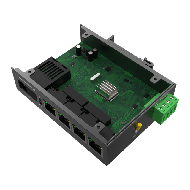 Switch Ethernet Industrial No Gestionado con 4 Puertos Eléctricos 10/100Mbps + 1 Puerto de Fibra SC Gigabit (20km, Par A/B)