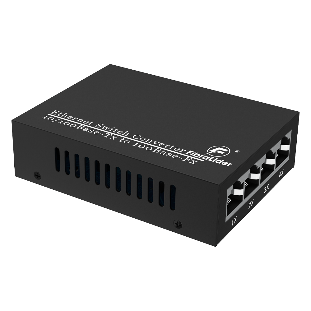 Conversor de Mídia de Fibra 10/100Mbps com 4 Portas RJ45 e 1 Porta SC, Alcance de 20km