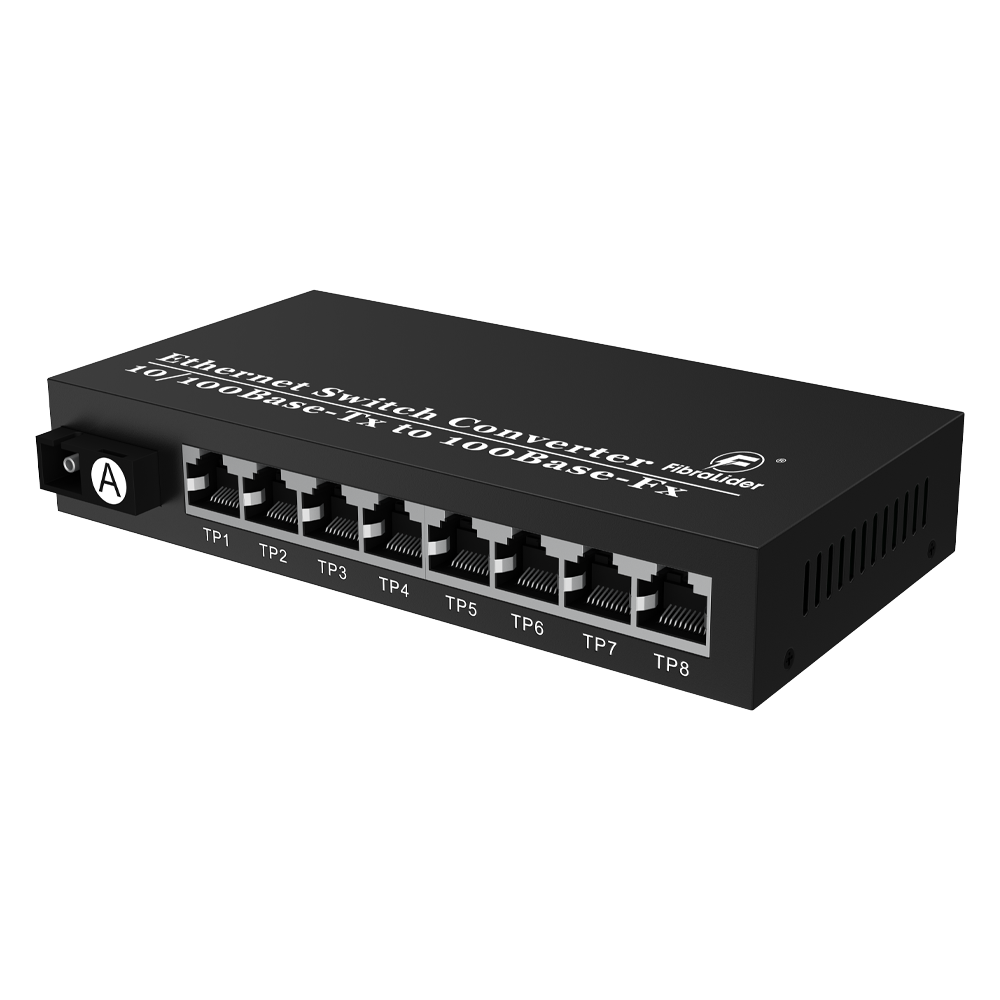 10/100Mbps Fiber Media Converter with 8 RJ45 Ports and 1 SC Fiber Port, 20km Transmission