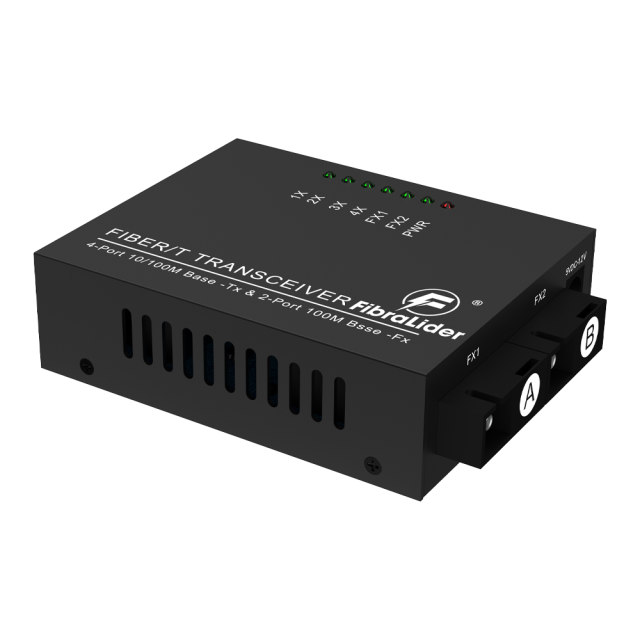 10/100Mbps Dual Fiber + 4-Port Fast Ethernet Media Converter, SC, 20km Transmission