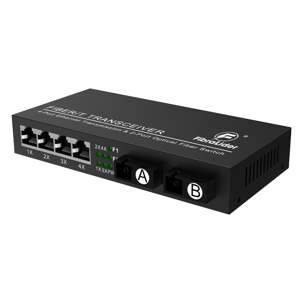 10/100/1000Mbps光纤收发器,4个RJ45电口 + 2个SC光口