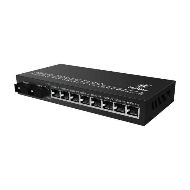 10/100/1000Mbps Fiber Media Converter, 8x RJ45 + 2x SC Fiber Ports