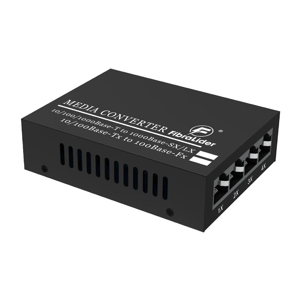 Convertidor de Medios de Fibra 10/100/1000Mbps, 4x RJ45 + 1x Puerto SC