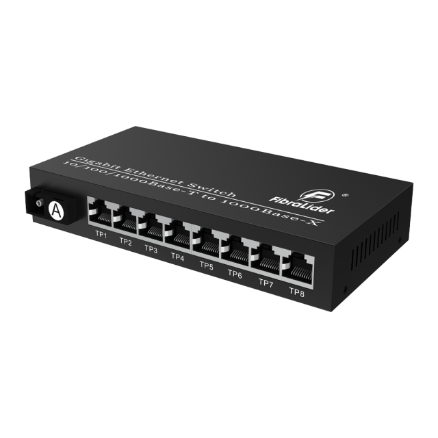 10/100/1000Mbps Fiber Media Converter, 8x RJ45 + 1x SC Fiber Port