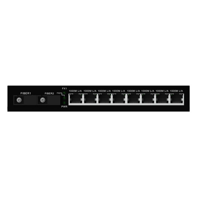 10/100/1000Mbps Fiber Media Converter, 8x RJ45 + 2x SC Fiber Ports