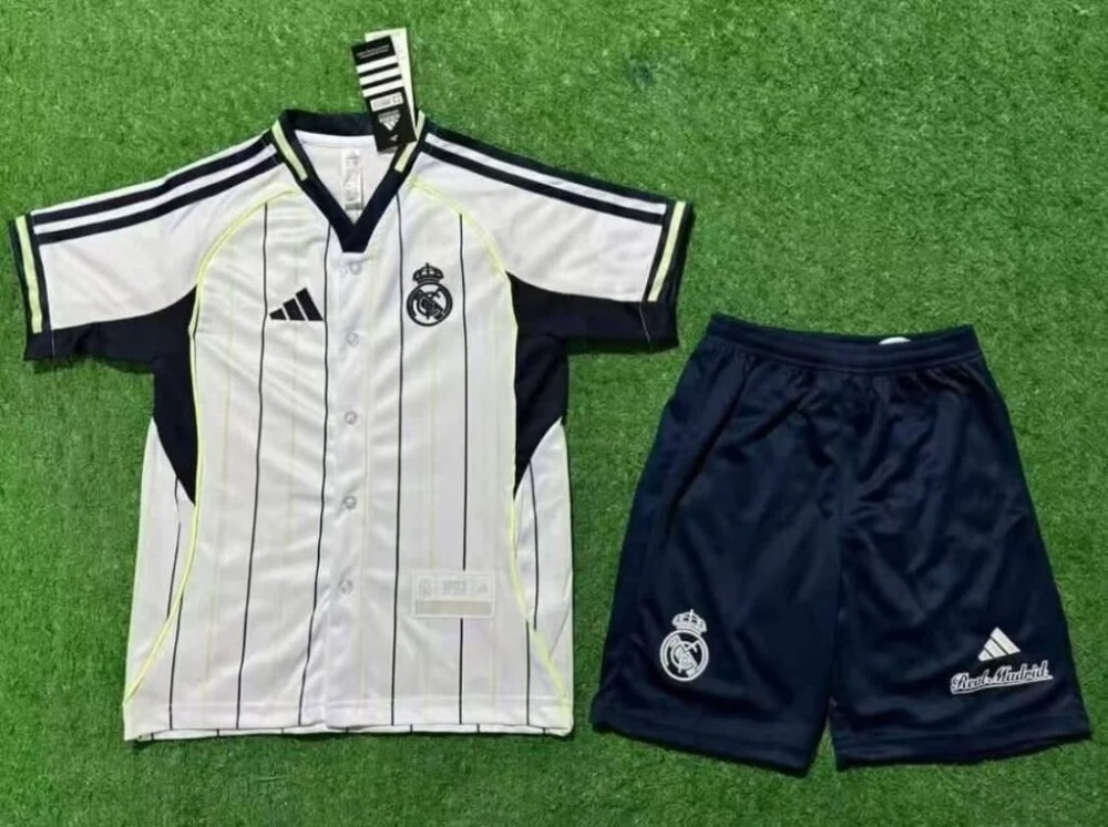 25-26 Real Madrid Black White Stripes Kids Kit Fan Version