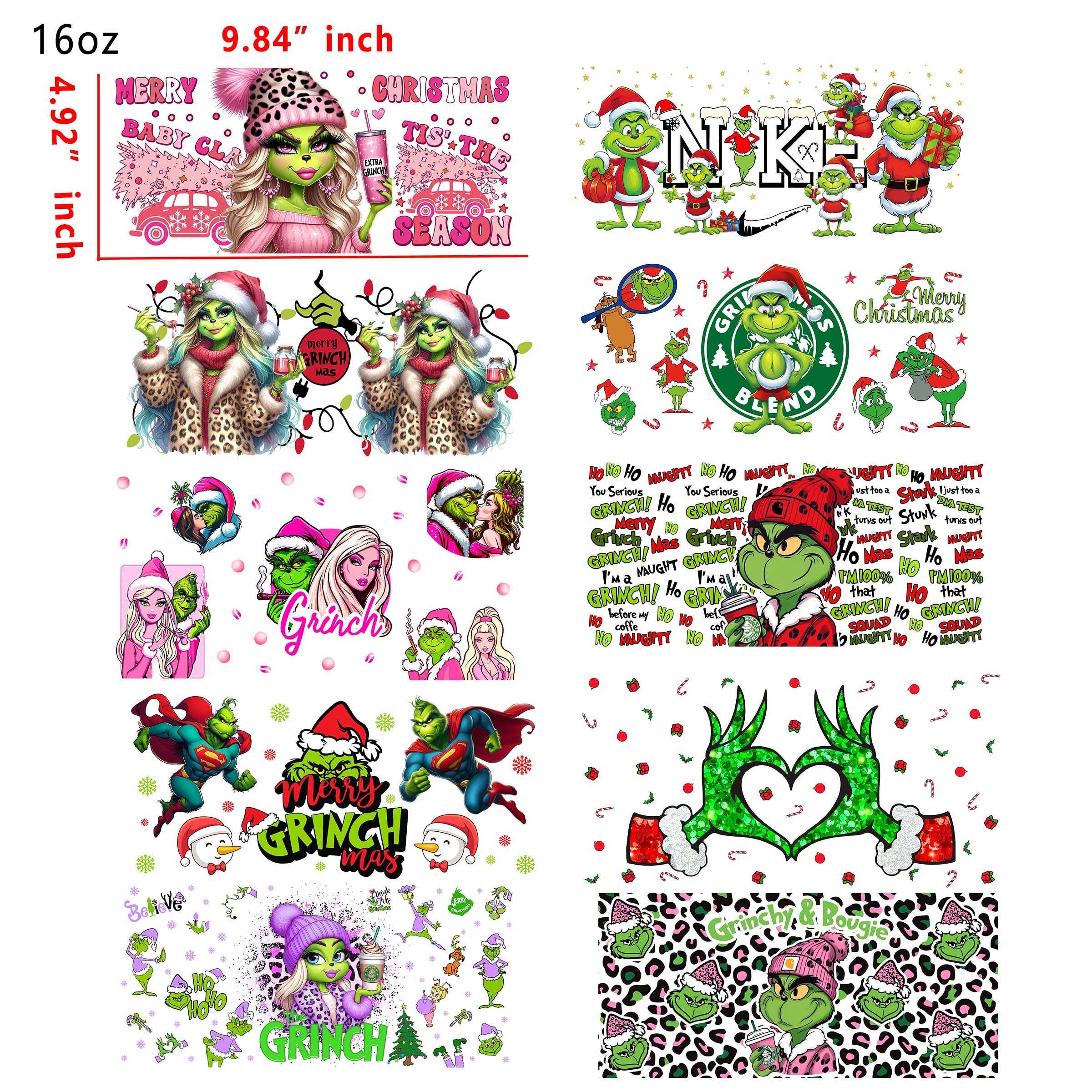 (U1) 20 PCS Grinch Christmas UV DTF Cup wraps 16OZ tumbler water proof