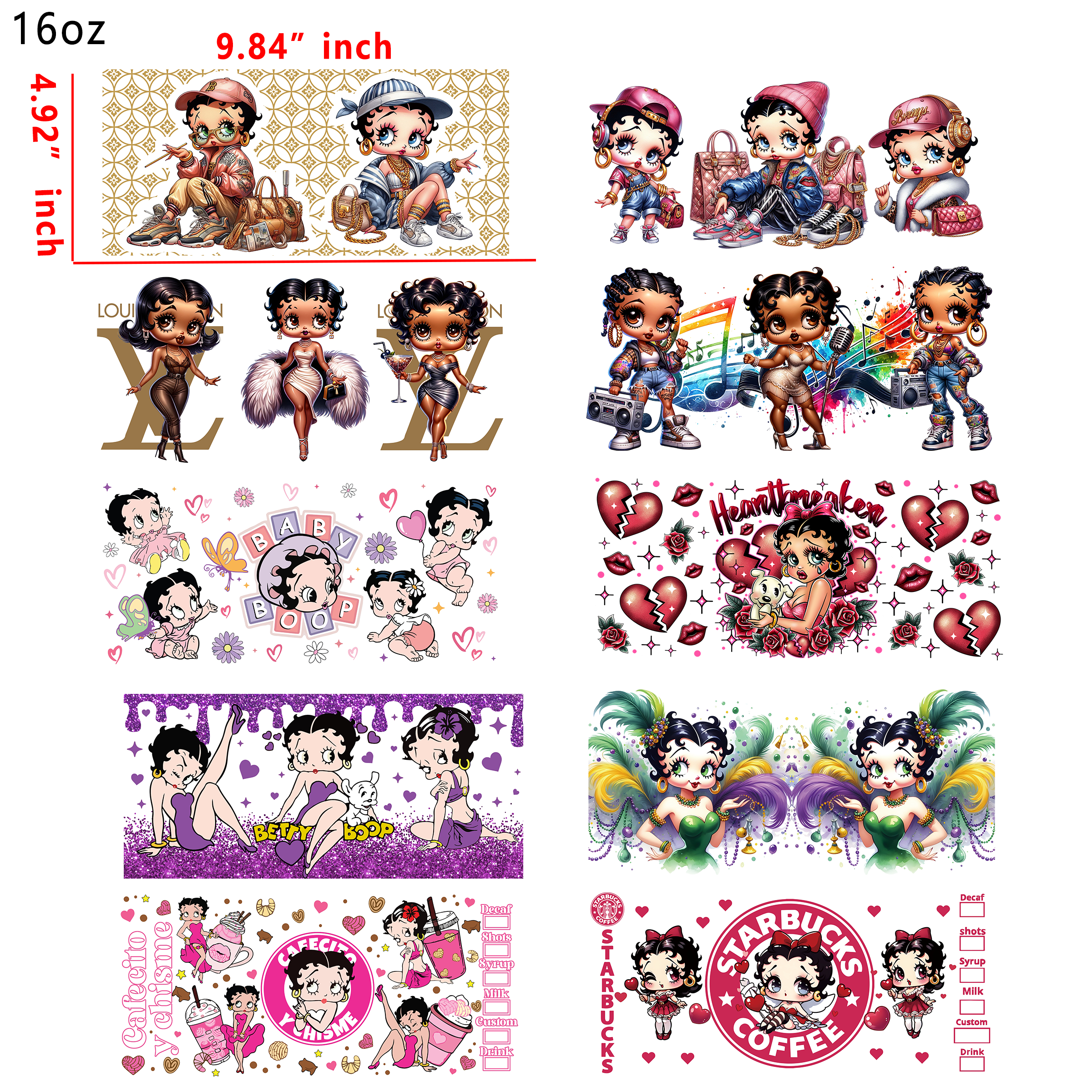 (U4) 20 PCS Betty Boop  UV DTF Cup wraps 16OZ tumbler water proof