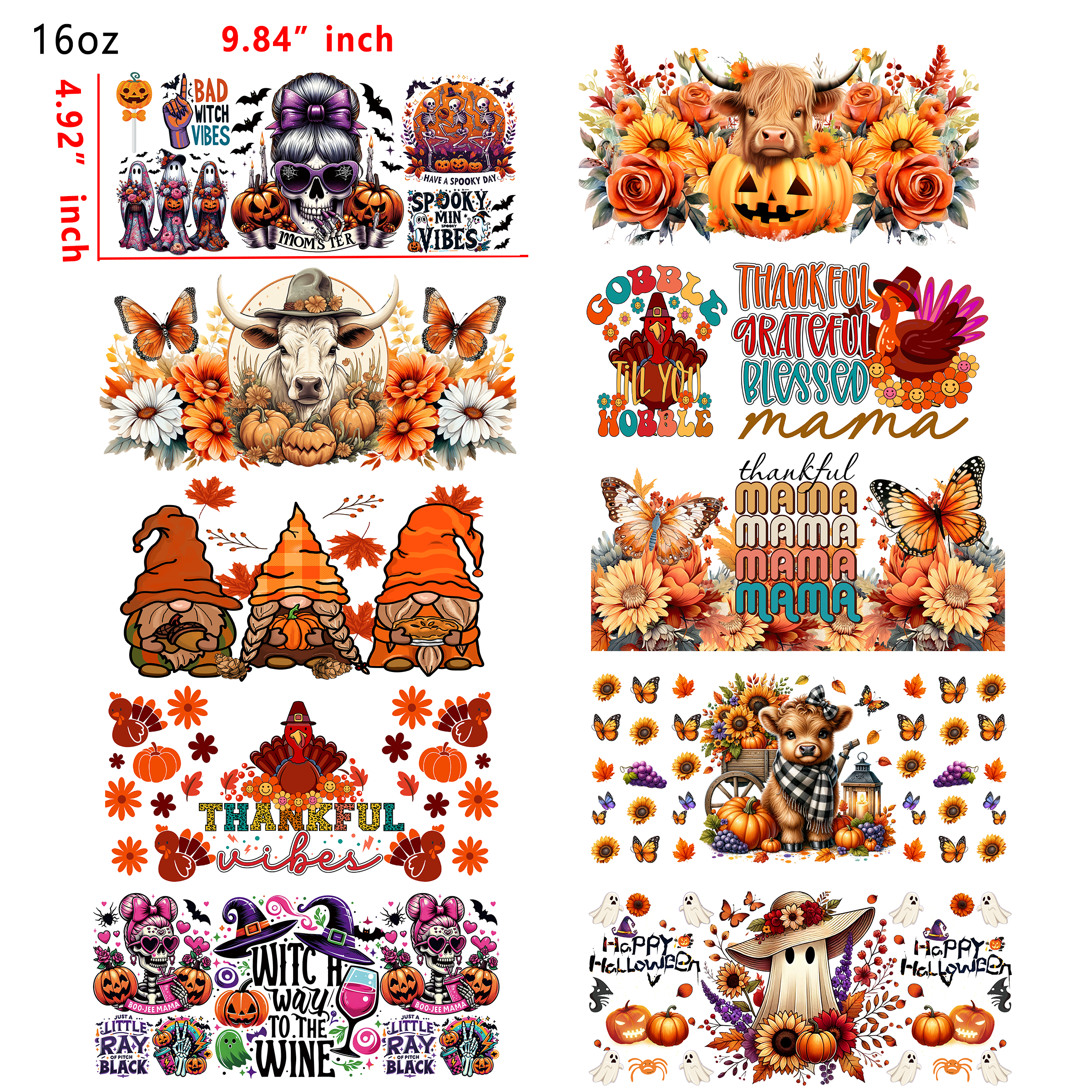 (U7) 20 PCS Thanksgiving Fall Vibes UV DTF Cup wraps 16OZ tumbler water proof