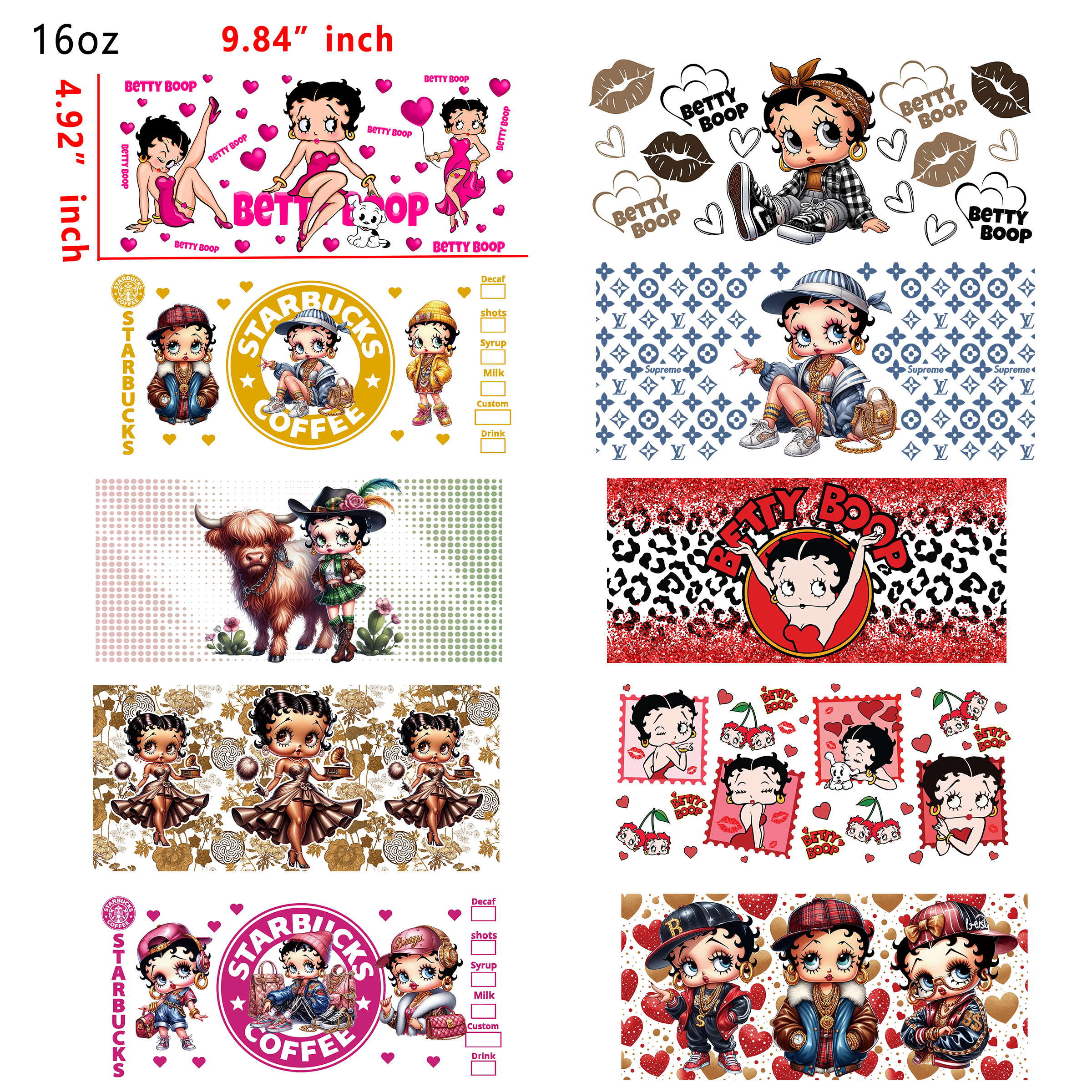 (U4) 20 PCS Betty Boop  UV DTF Cup wraps 16OZ tumbler water proof