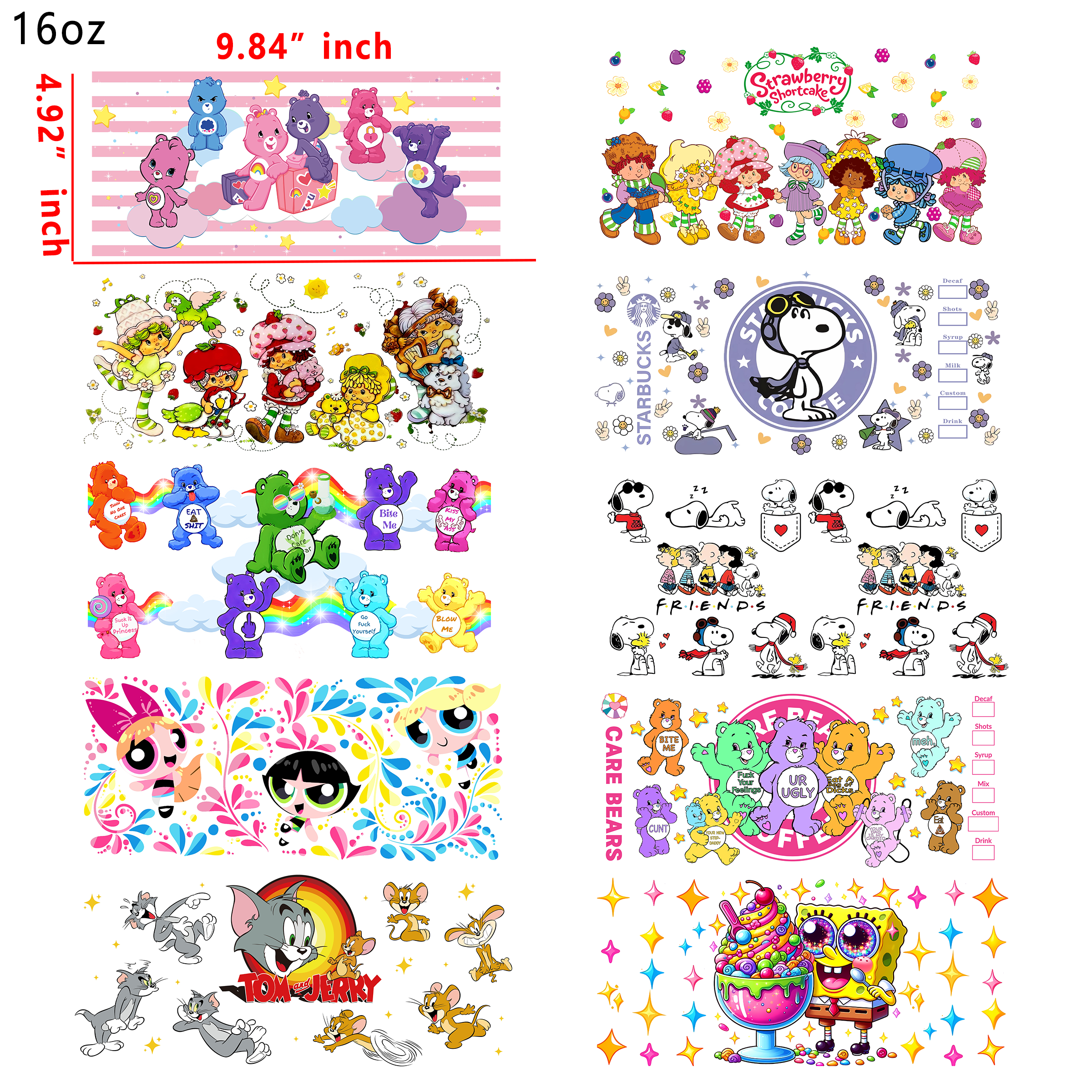 (U10) 20 PCS Cartoons Mixed 80s' 90s' UV DTF Cup wraps 16OZ tumbler water proof