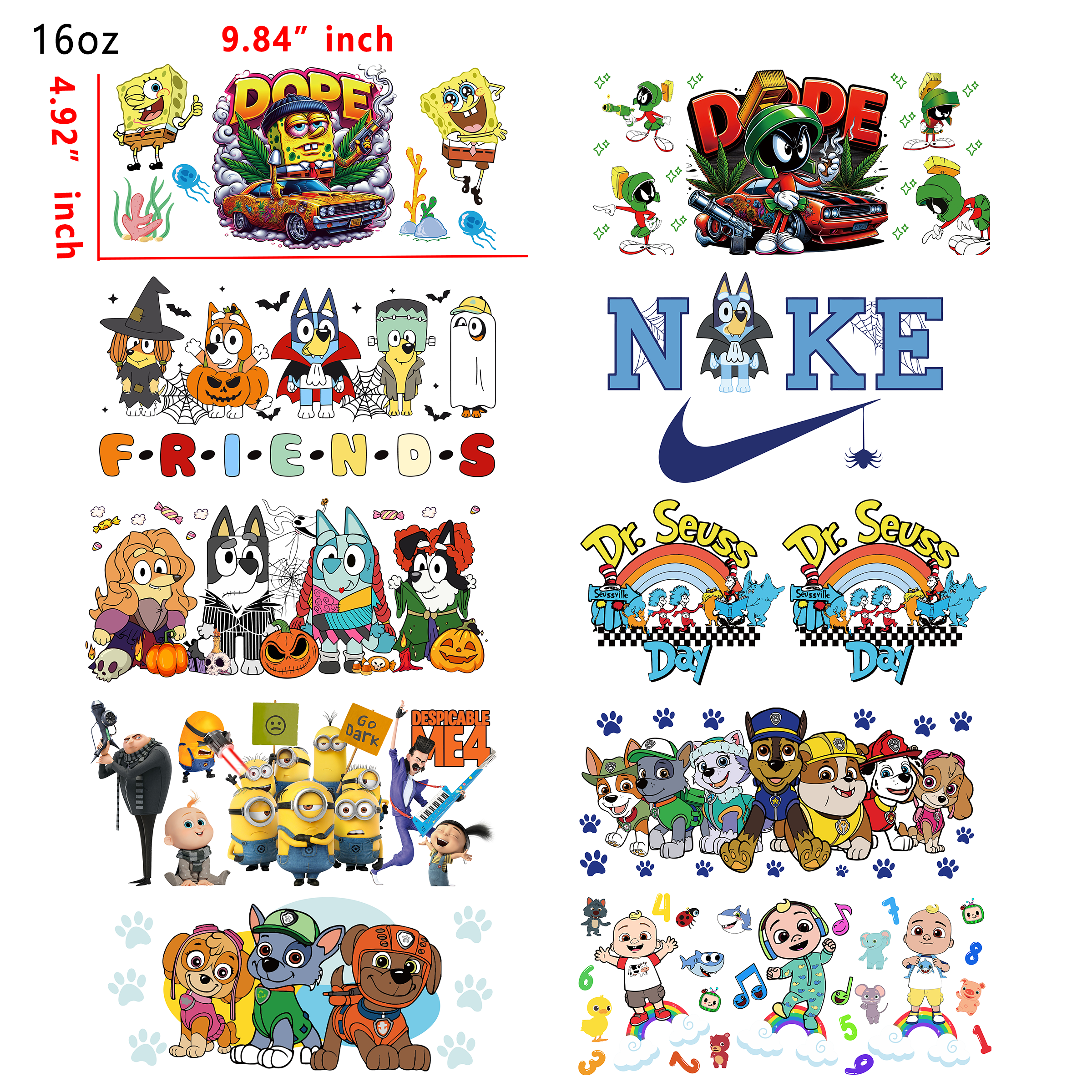 (U10) 20 PCS Cartoons Mixed 80s' 90s' UV DTF Cup wraps 16OZ tumbler water proof