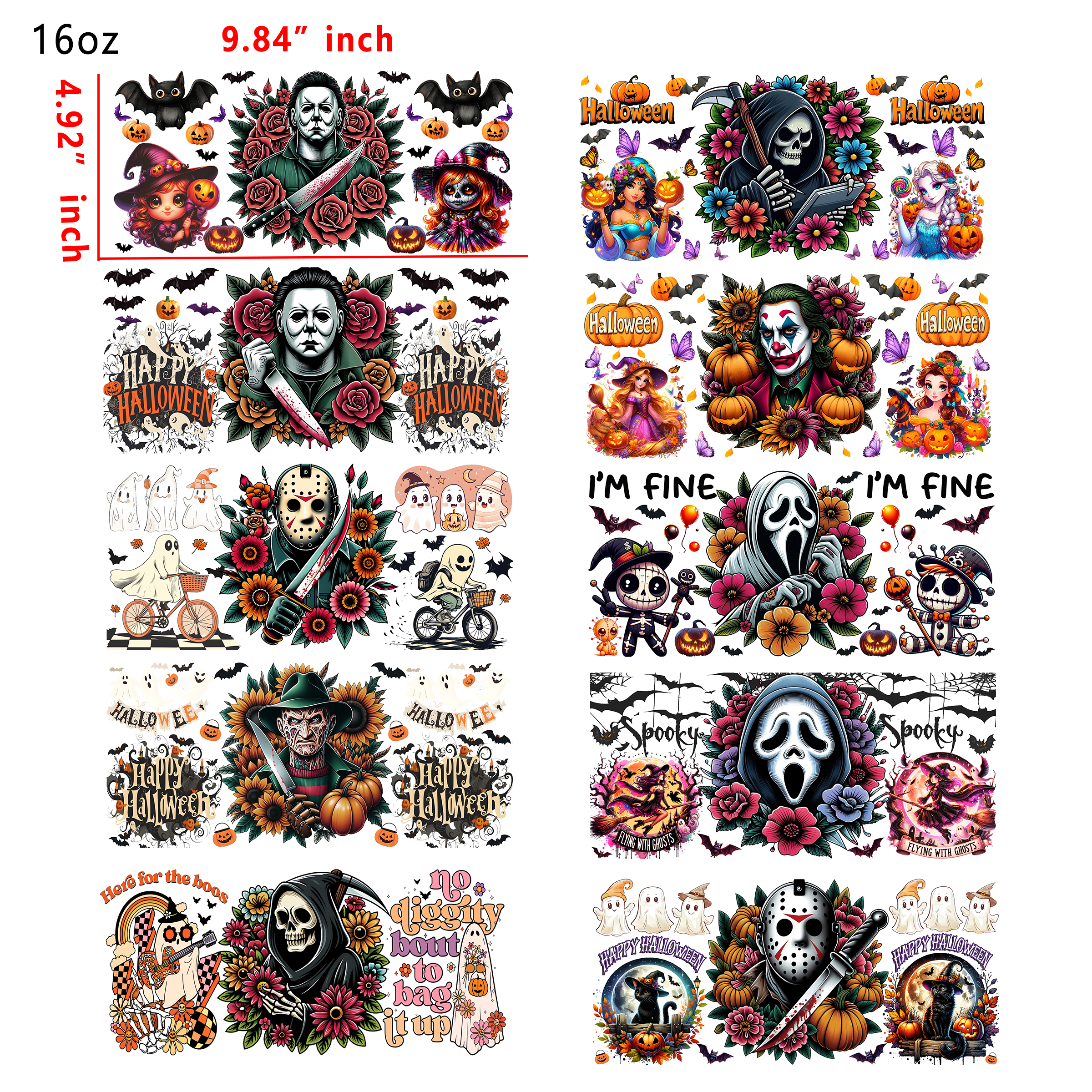 (U9) 20 PCS Horror Movies Flowers UV DTF Cup wraps 16OZ tumbler water proof