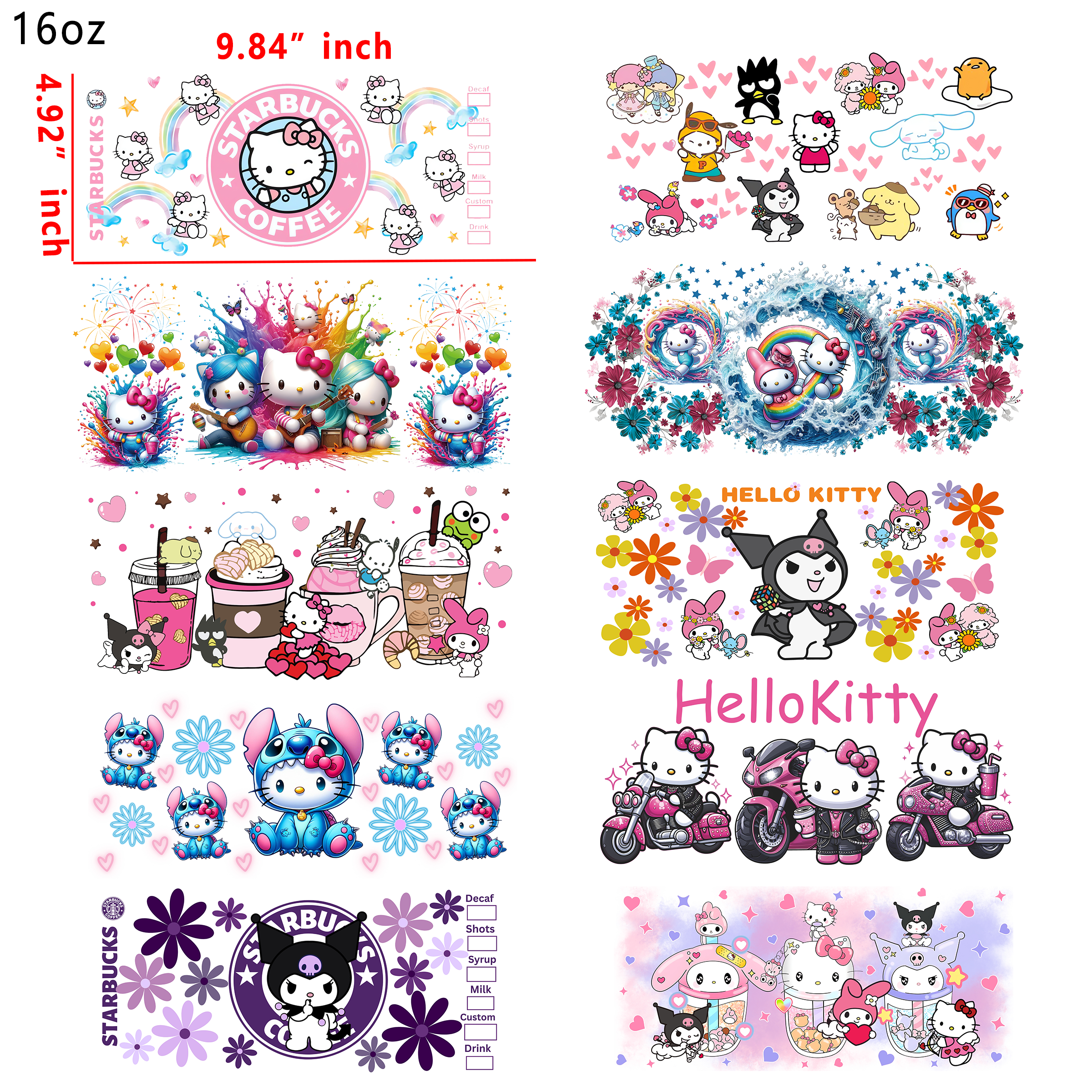 (U12) 20 PCS Cute Sanrio mixed UV DTF Cup wraps 16OZ tumbler water proof