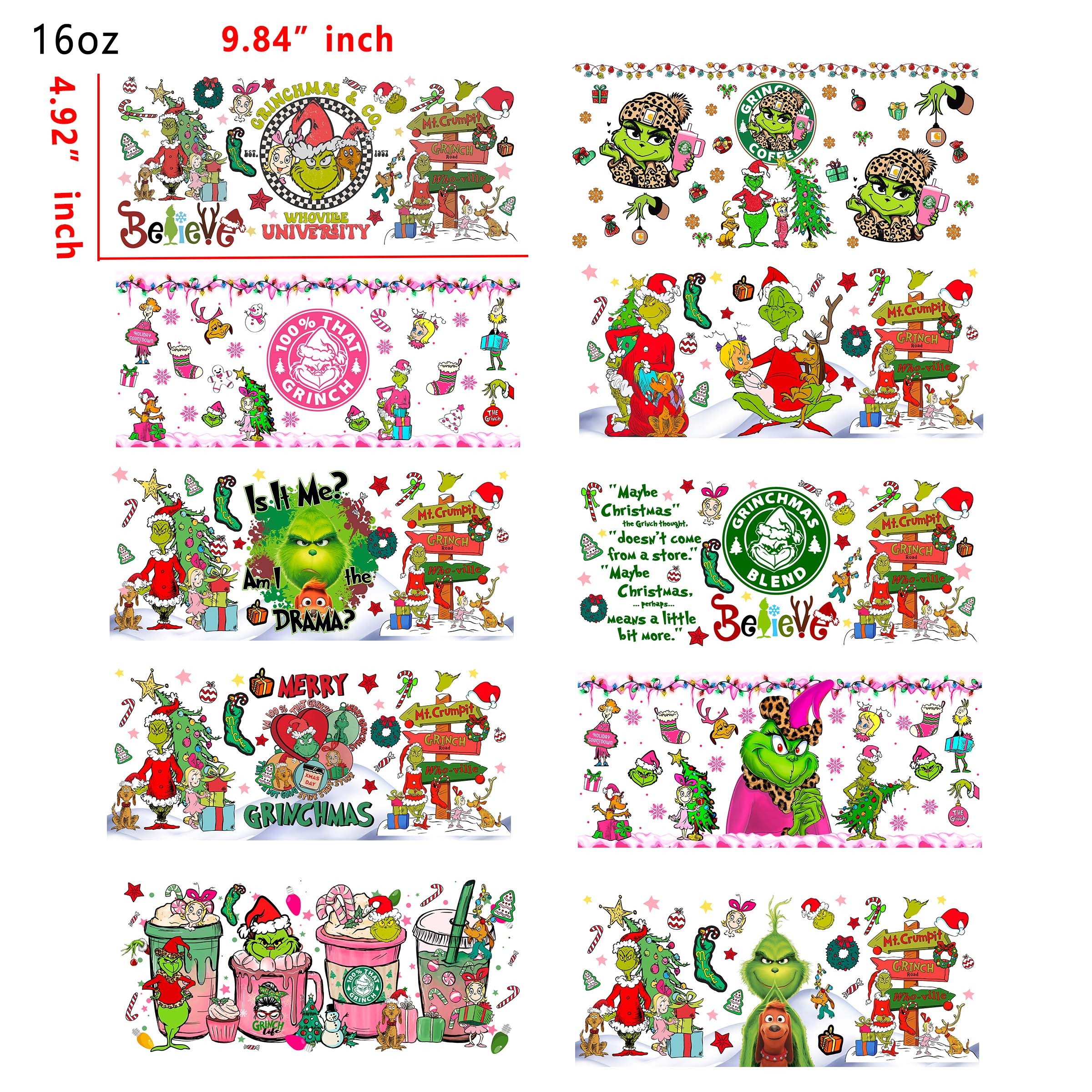 (U2) 20 PCS Grinch Girl Christmas UV DTF Cup wraps 16OZ tumbler water proof