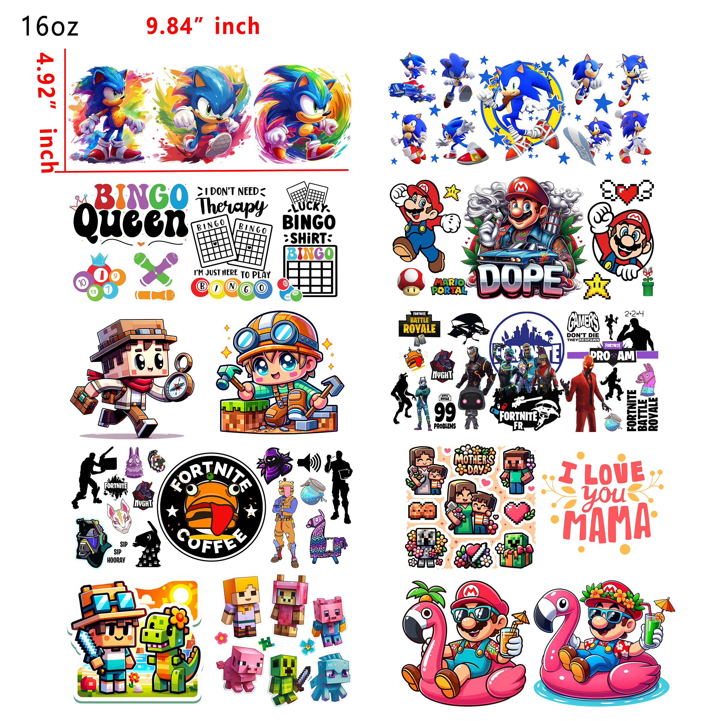(U16) 20 PCS Game Mixed  Mario UV DTF Cup wraps 16OZ tumbler water proof
