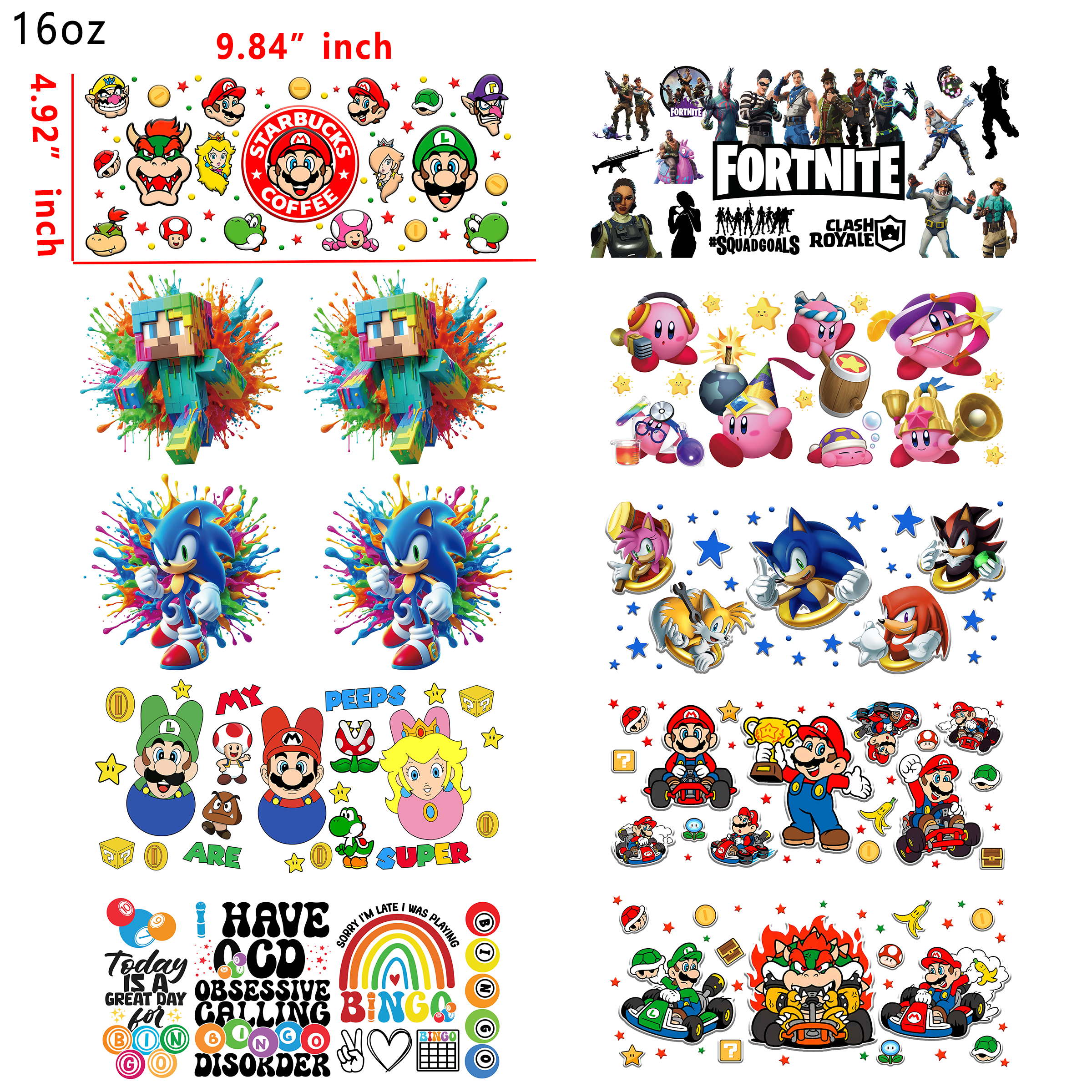 (U16) 20 PCS Game Mixed  Mario UV DTF Cup wraps 16OZ tumbler water proof