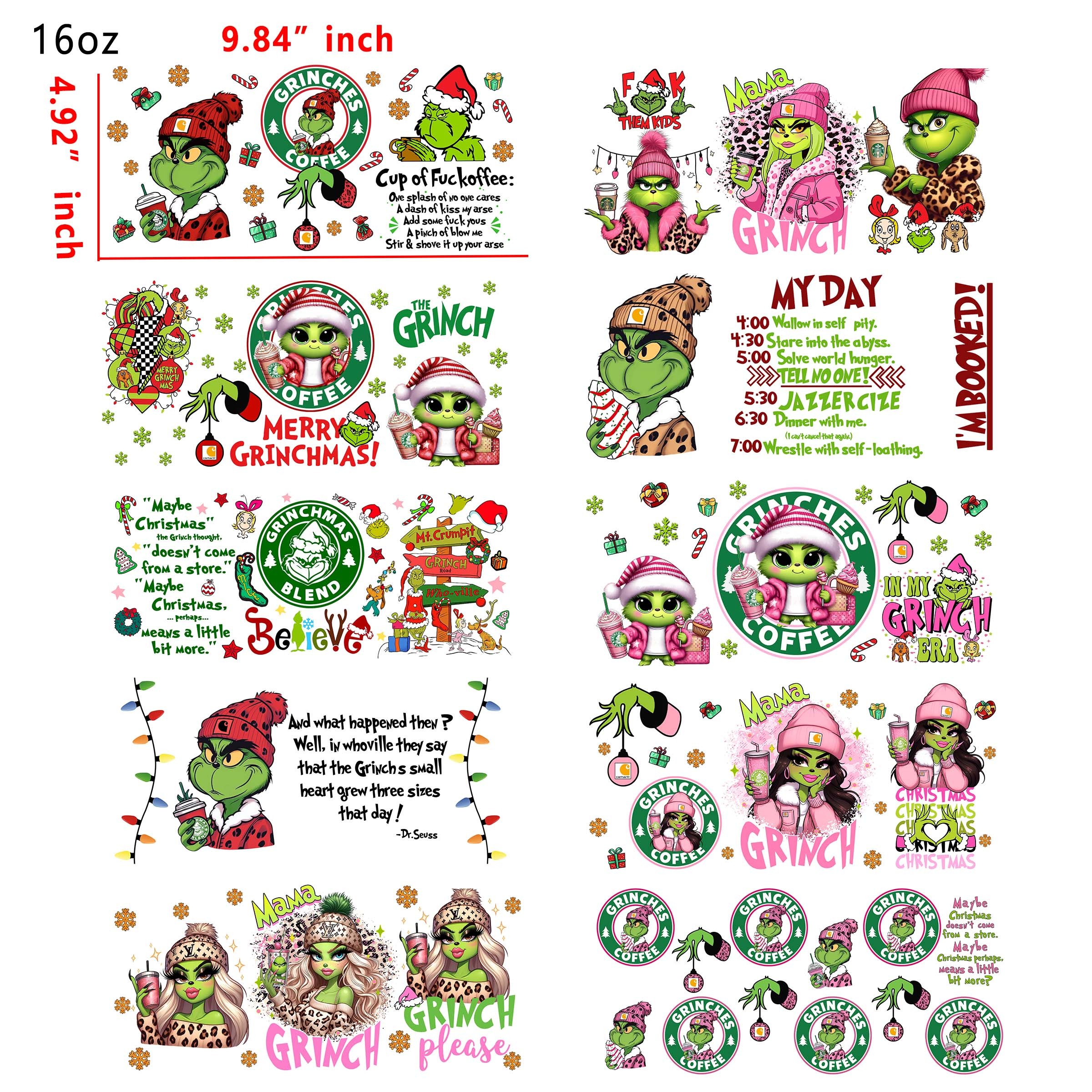 (U1) 20 PCS Grinch Christmas UV DTF Cup wraps 16OZ tumbler water proof
