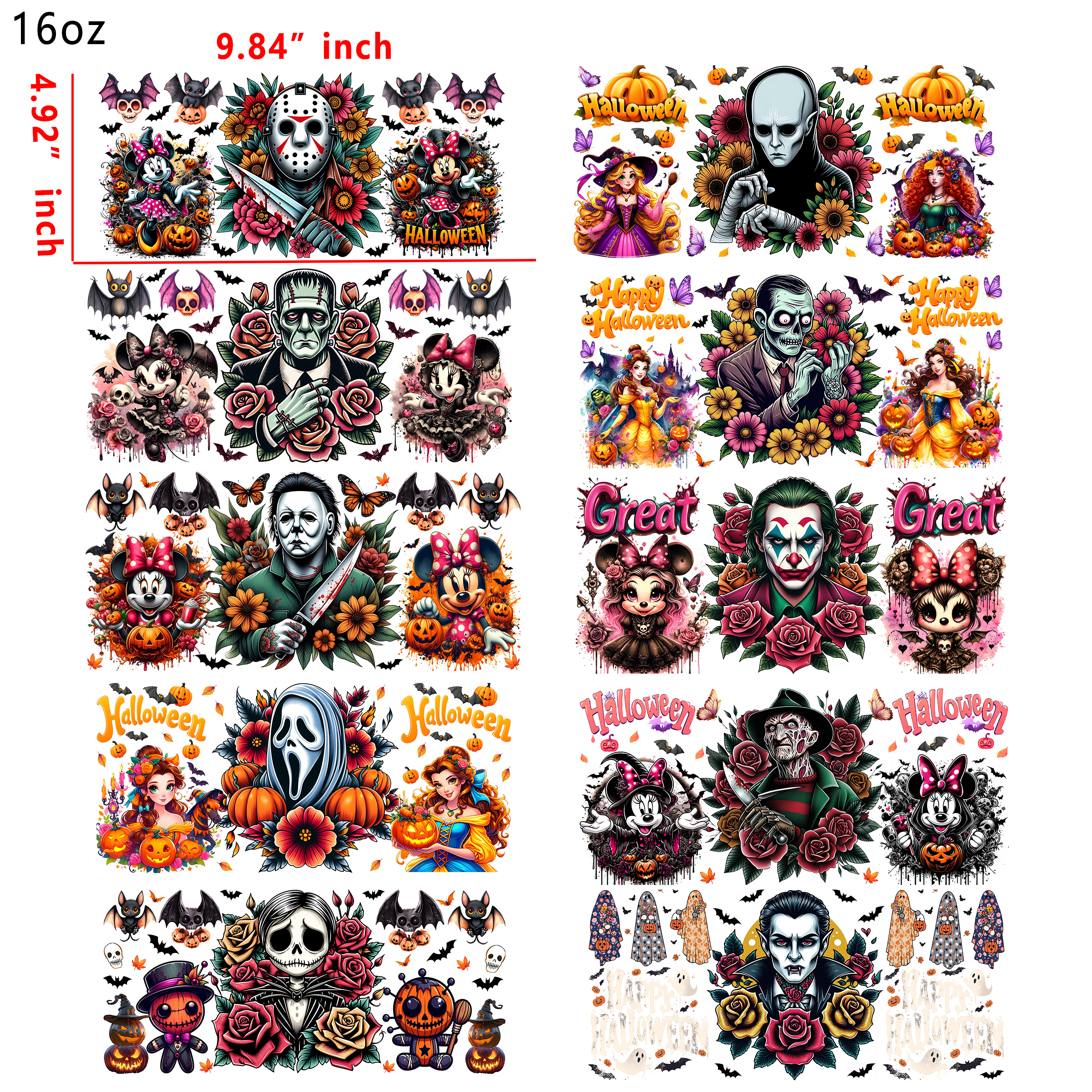 (U9) 20 PCS Horror Movies Flowers UV DTF Cup wraps 16OZ tumbler water proof