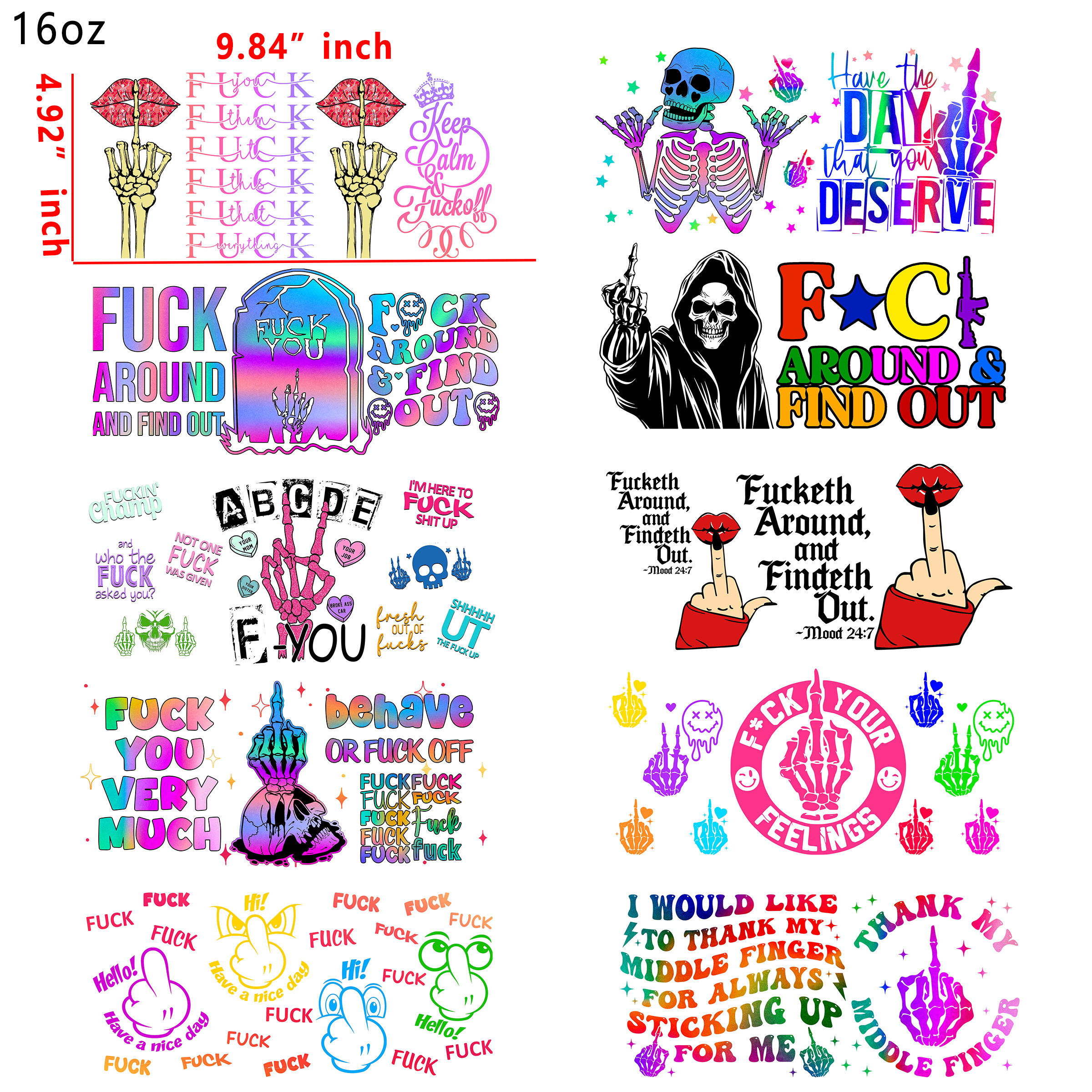 (U14) 20 PCS Sassy quotes "F" word UV DTF Cup wraps 16OZ tumbler water proof