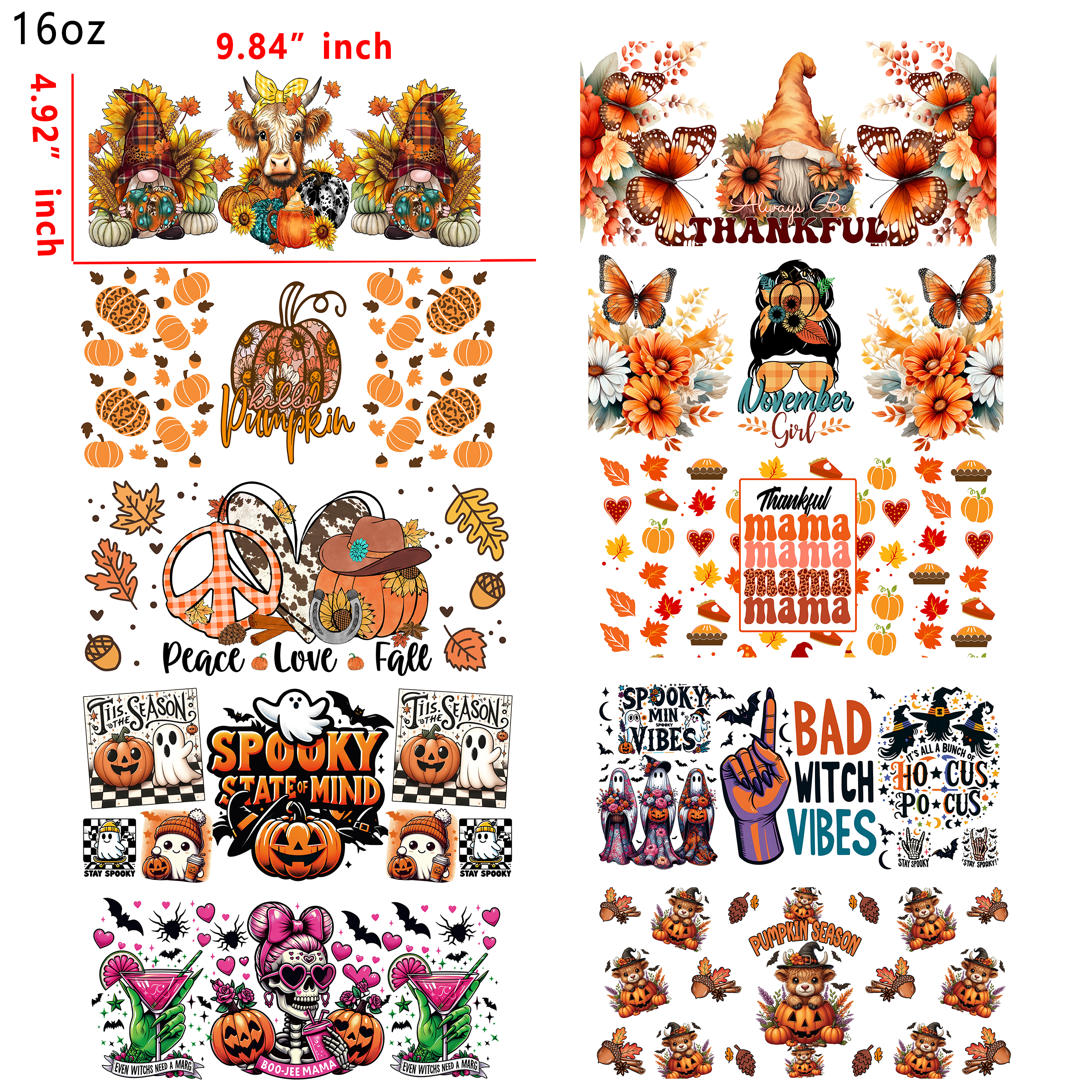 (U7) 20 PCS Thanksgiving Fall Vibes UV DTF Cup wraps 16OZ tumbler water proof