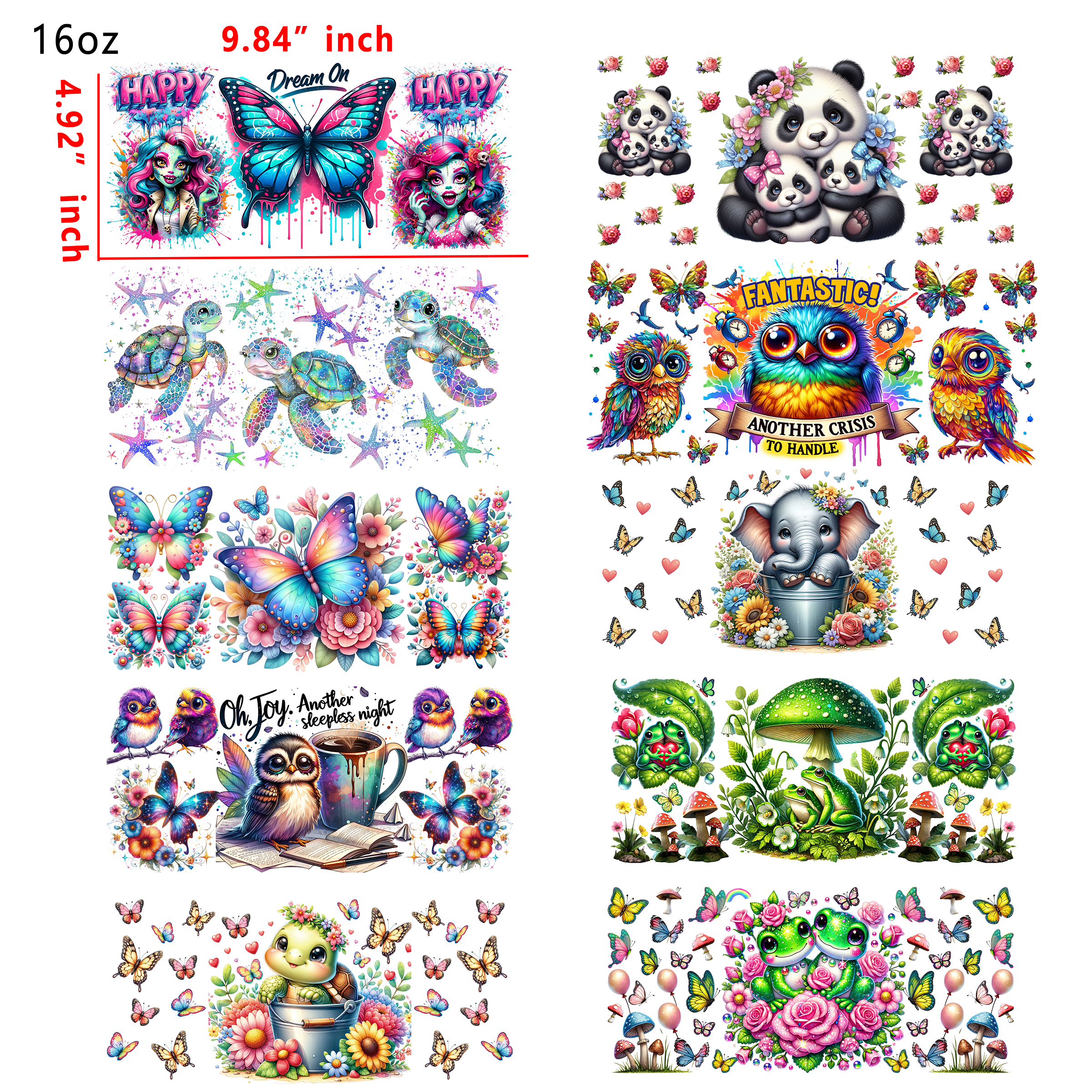 (U6) 20 PCS Cute Animals UV DTF Cup wraps 16OZ tumbler water proof