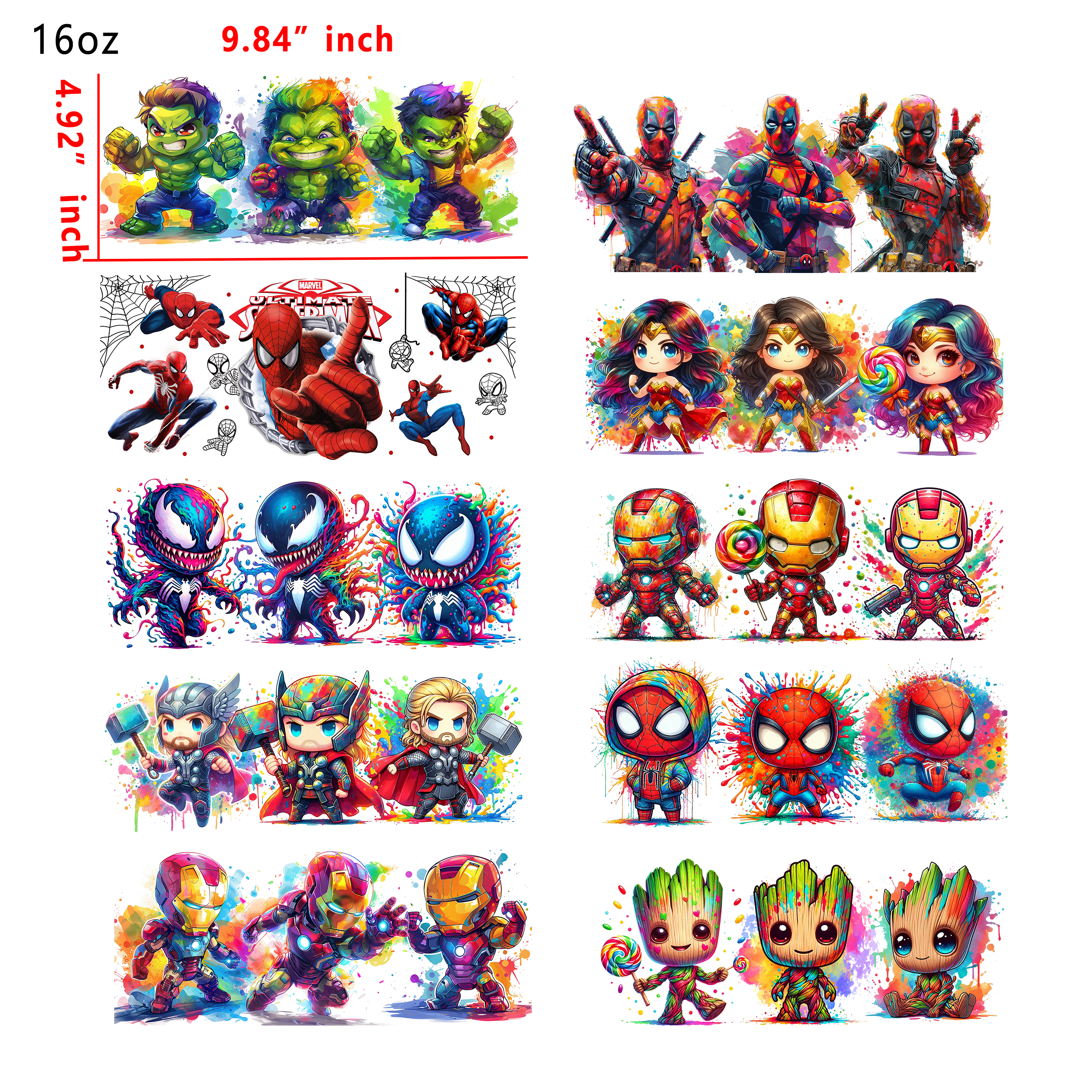 (U11) 20 PCS Superheros baby marvel Mixed  UV DTF Cup wraps 16OZ tumbler water proof