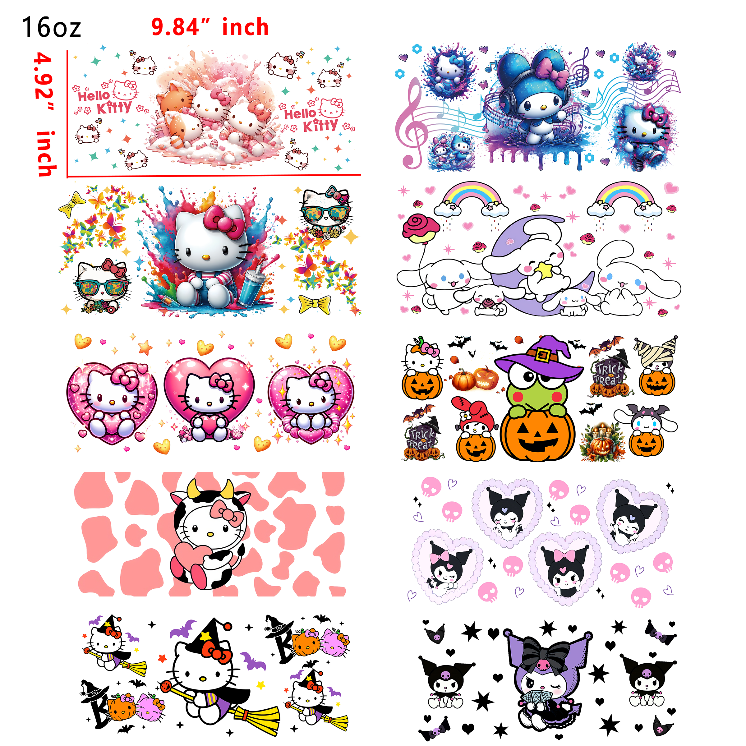 (U12) 20 PCS Cute Sanrio mixed UV DTF Cup wraps 16OZ tumbler water proof