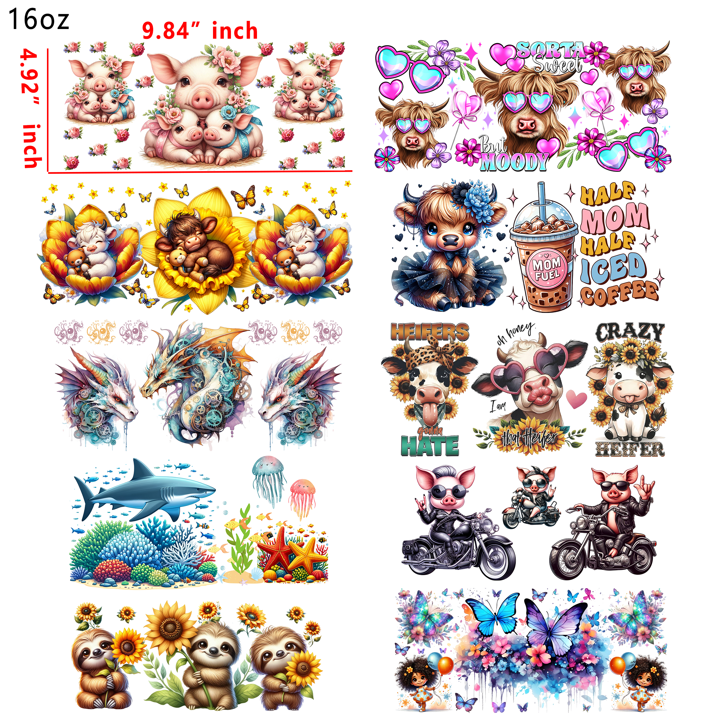 (U6) 20 PCS Cute Animals UV DTF Cup wraps 16OZ tumbler water proof