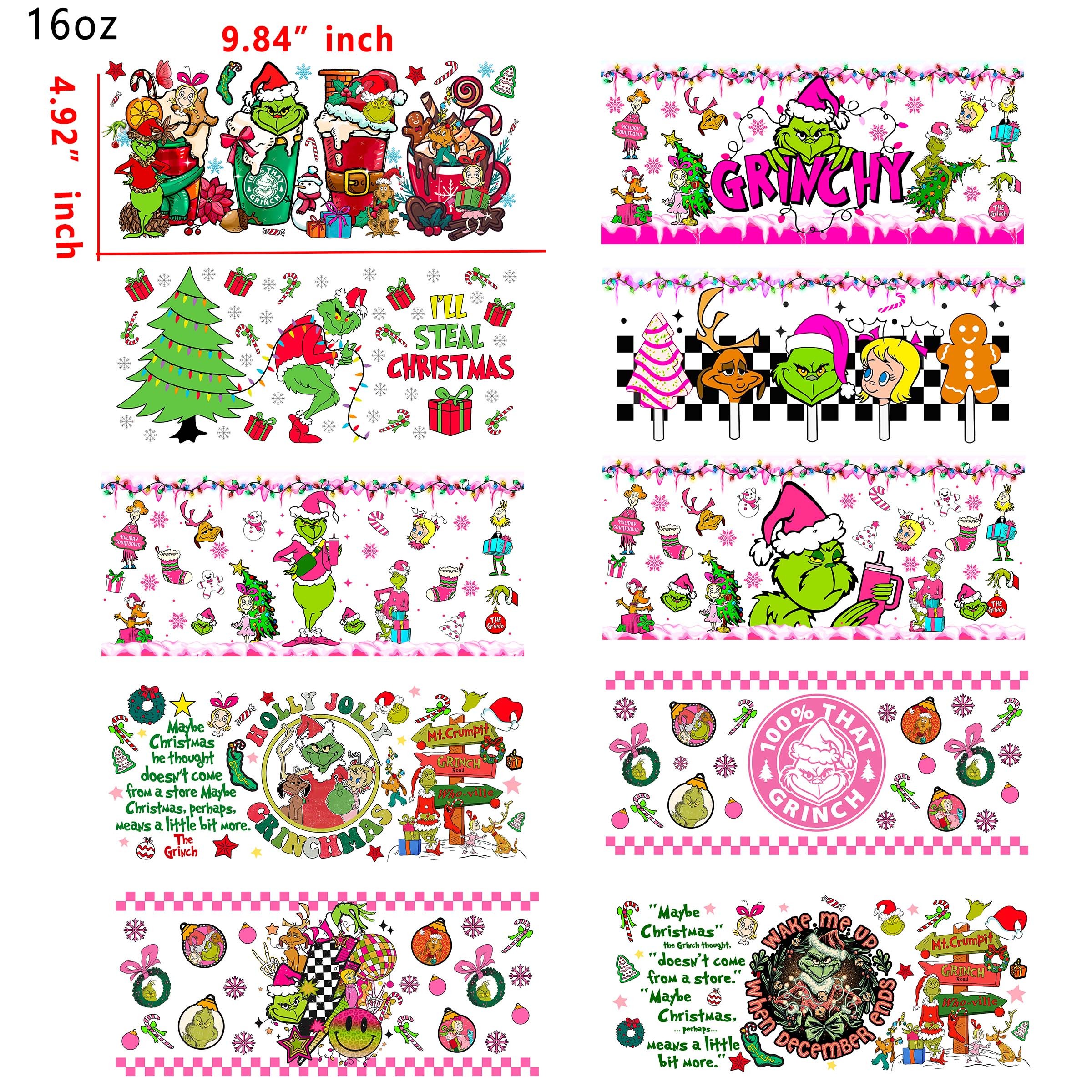 (U2) 20 PCS Grinch Girl Christmas UV DTF Cup wraps 16OZ tumbler water proof