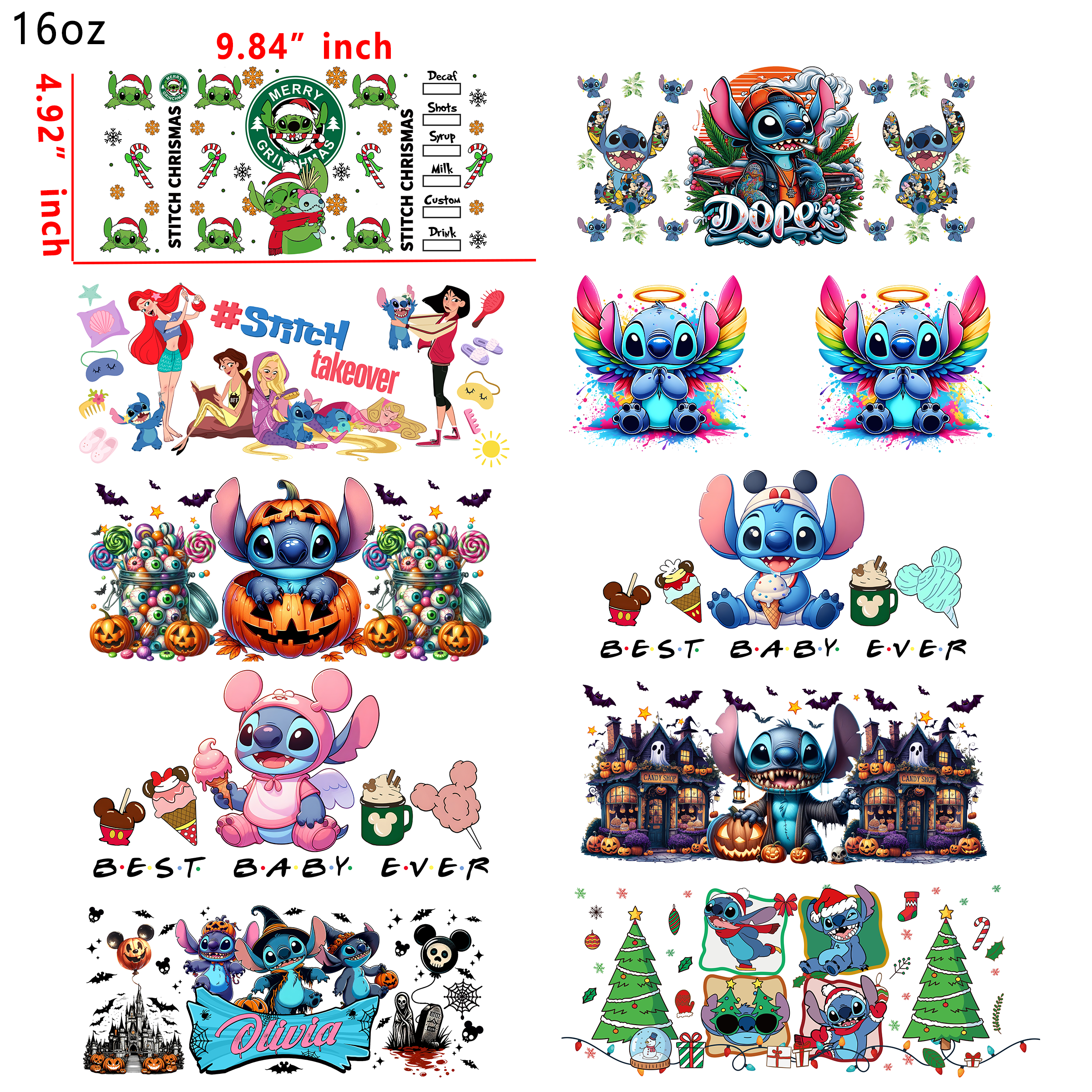 (U13) 20 PCS Cute Stitch UV DTF Cup wraps 16OZ tumbler water proof