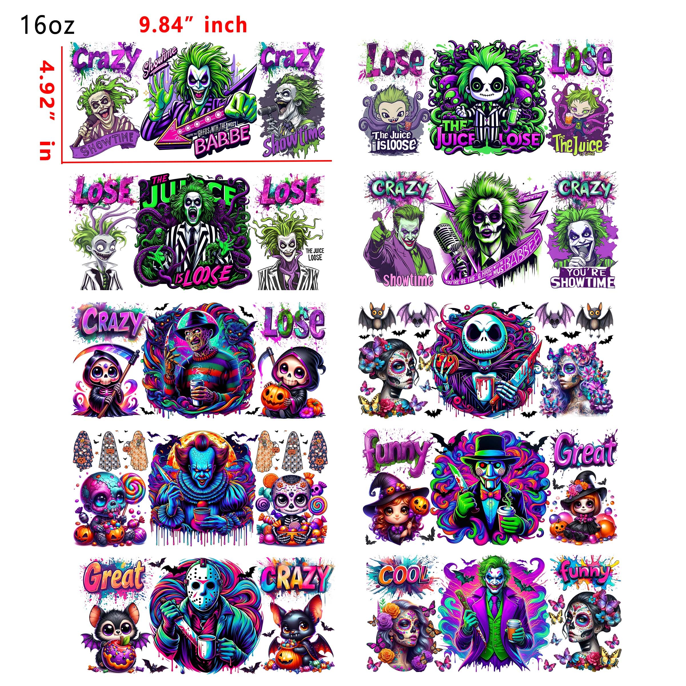 (U15) 20 PCS Neon color Horror movie  UV DTF Cup wraps 16OZ tumbler water proof