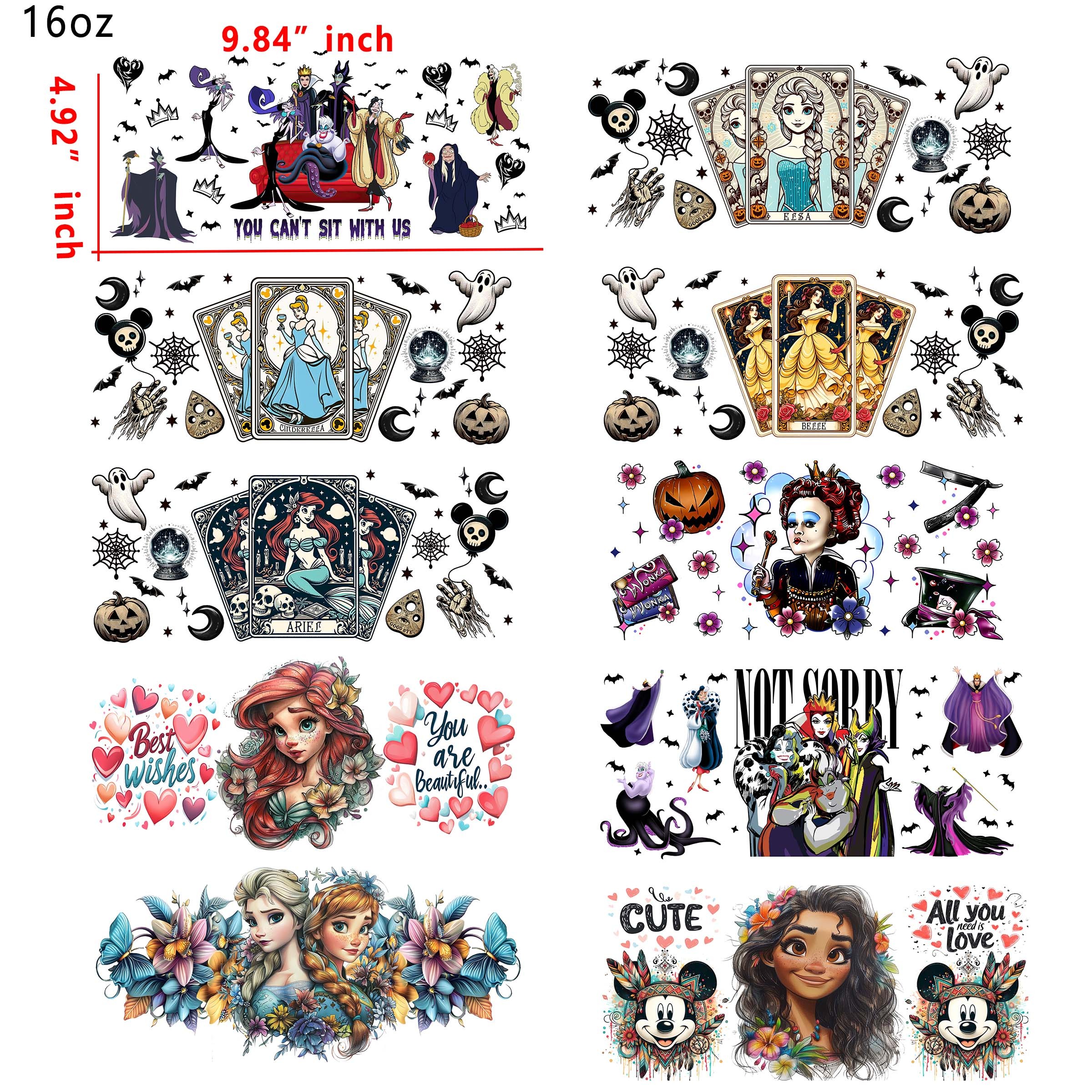 (U8) 20 PCS Princess Valliams mix  UV DTF Cup wraps 16OZ tumbler water proof