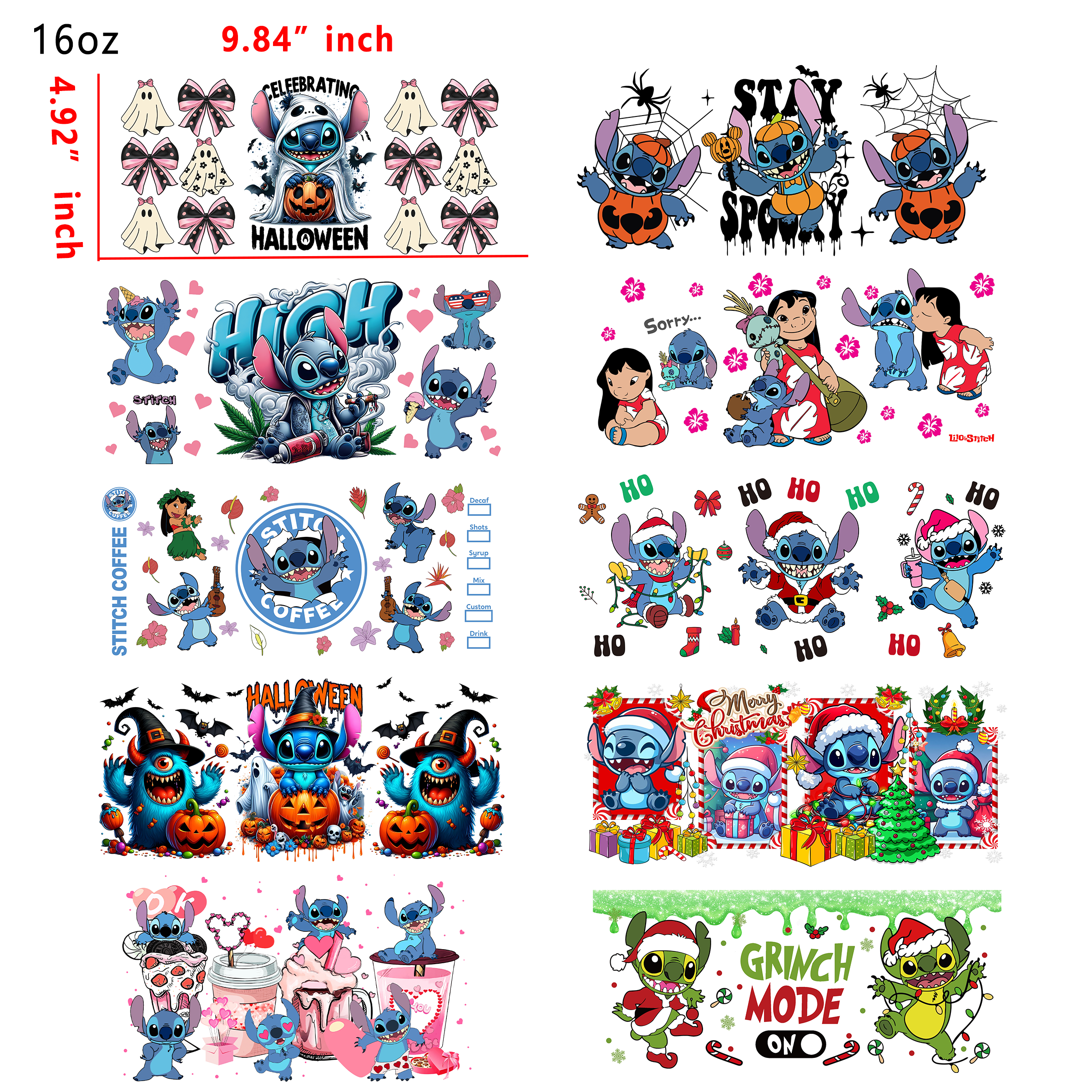 (U13) 20 PCS Cute Stitch UV DTF Cup wraps 16OZ tumbler water proof