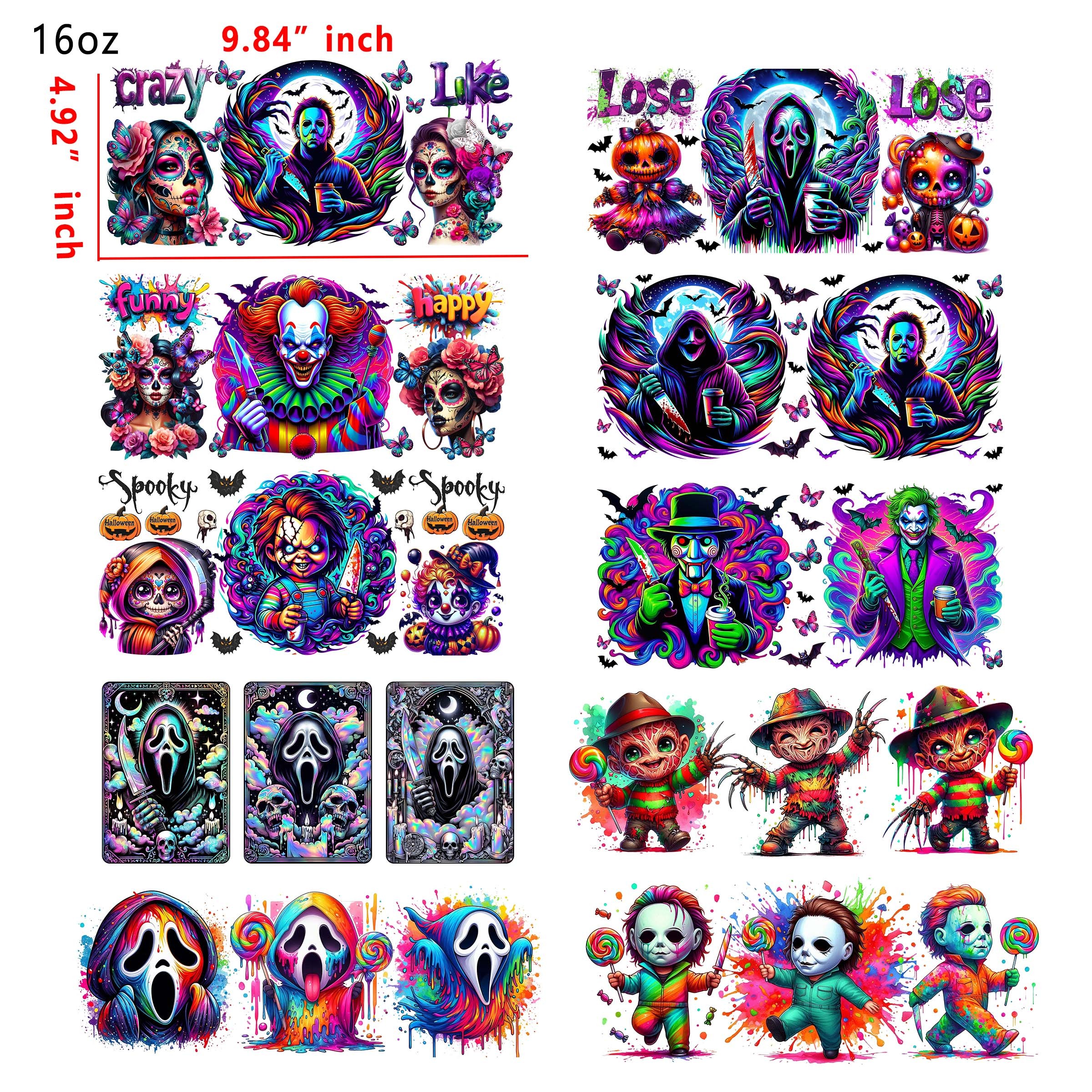 (U15) 20 PCS Neon color Horror movie  UV DTF Cup wraps 16OZ tumbler water proof
