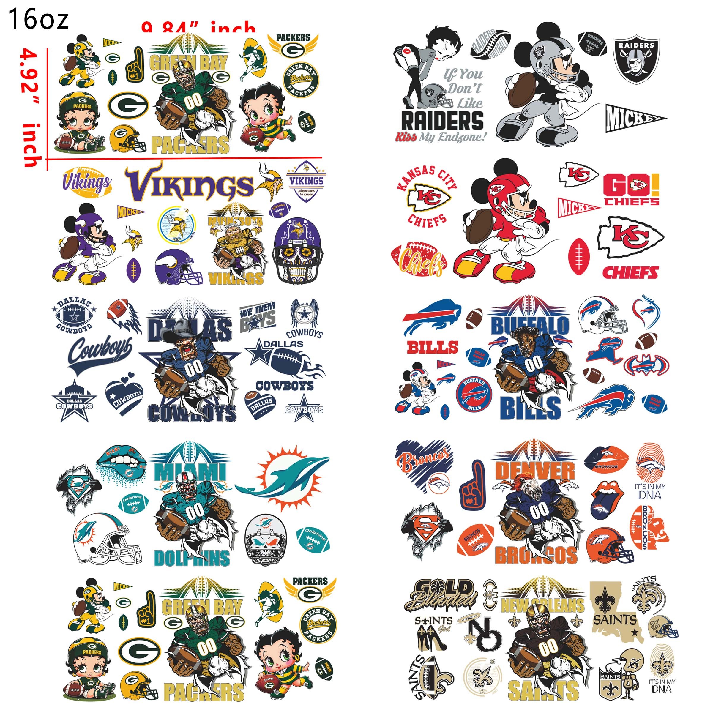 (U17) 20 PCS NFL football team mixed   UV DTF Cup wraps 16OZ tumbler water proof